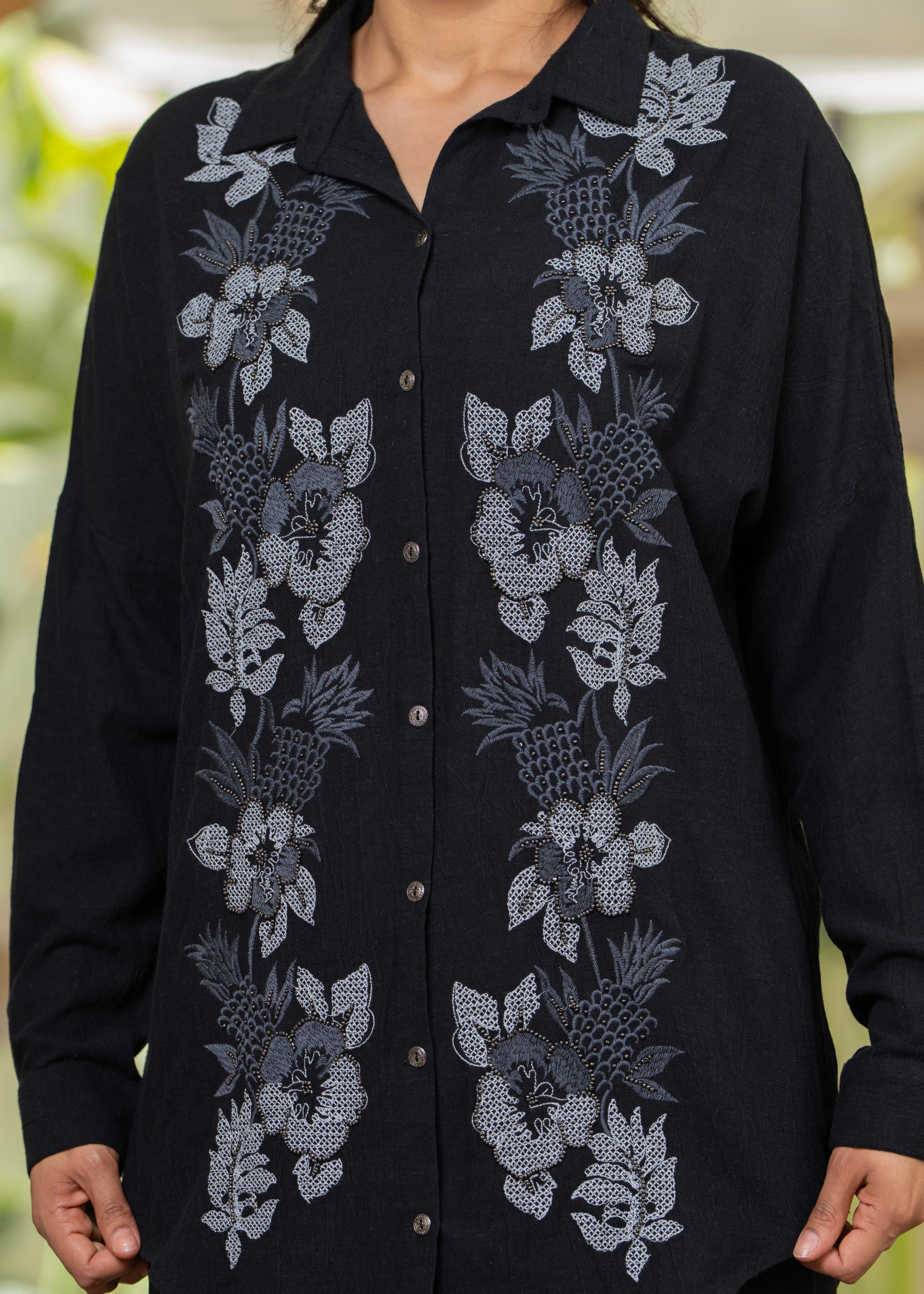 Viscose Linen Black Embroidered Shirt and Pant Co-Ord Set with Thread Work