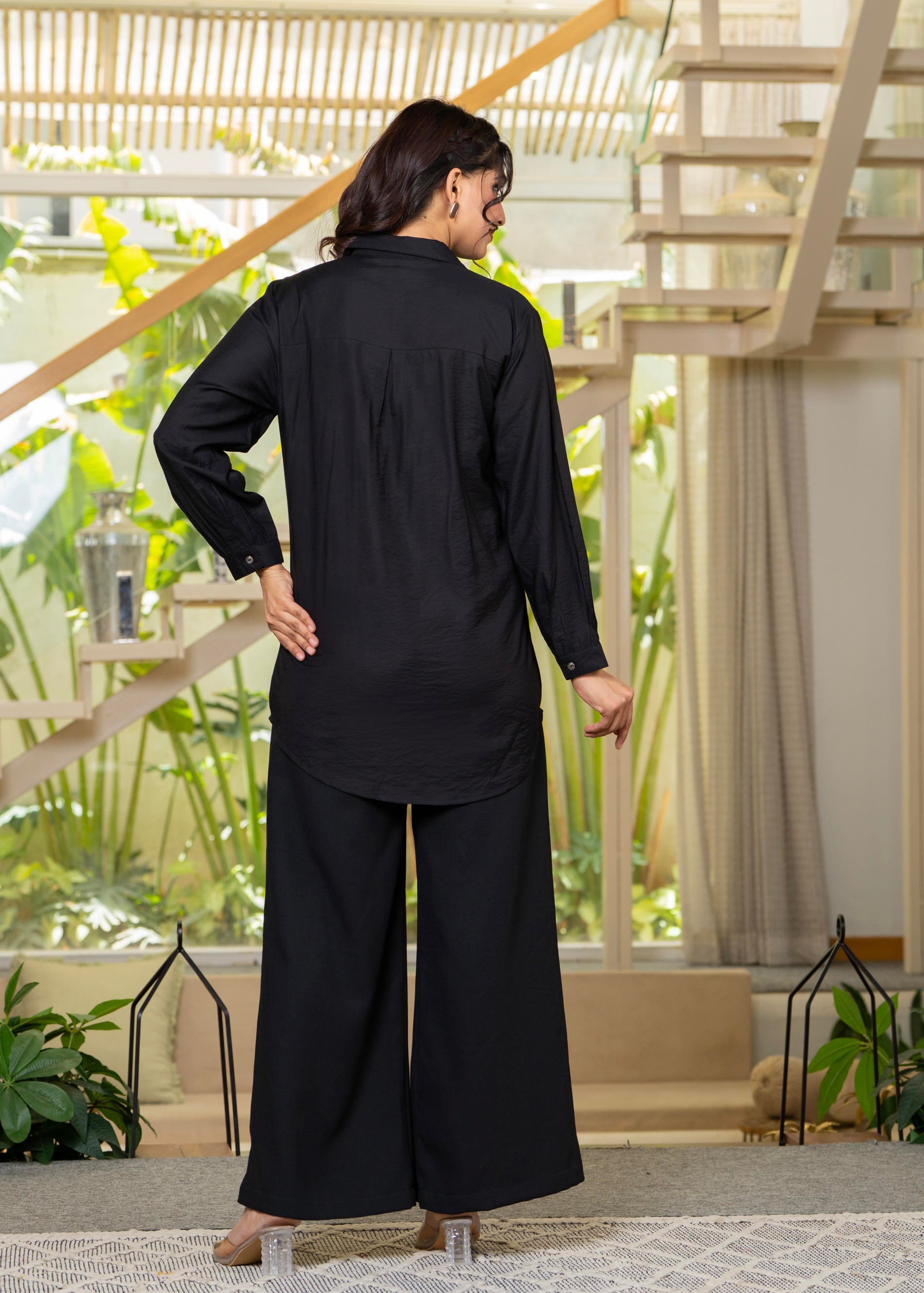 Viscose Linen Black Embroidered Shirt and Pant Co-Ord Set with Thread Work