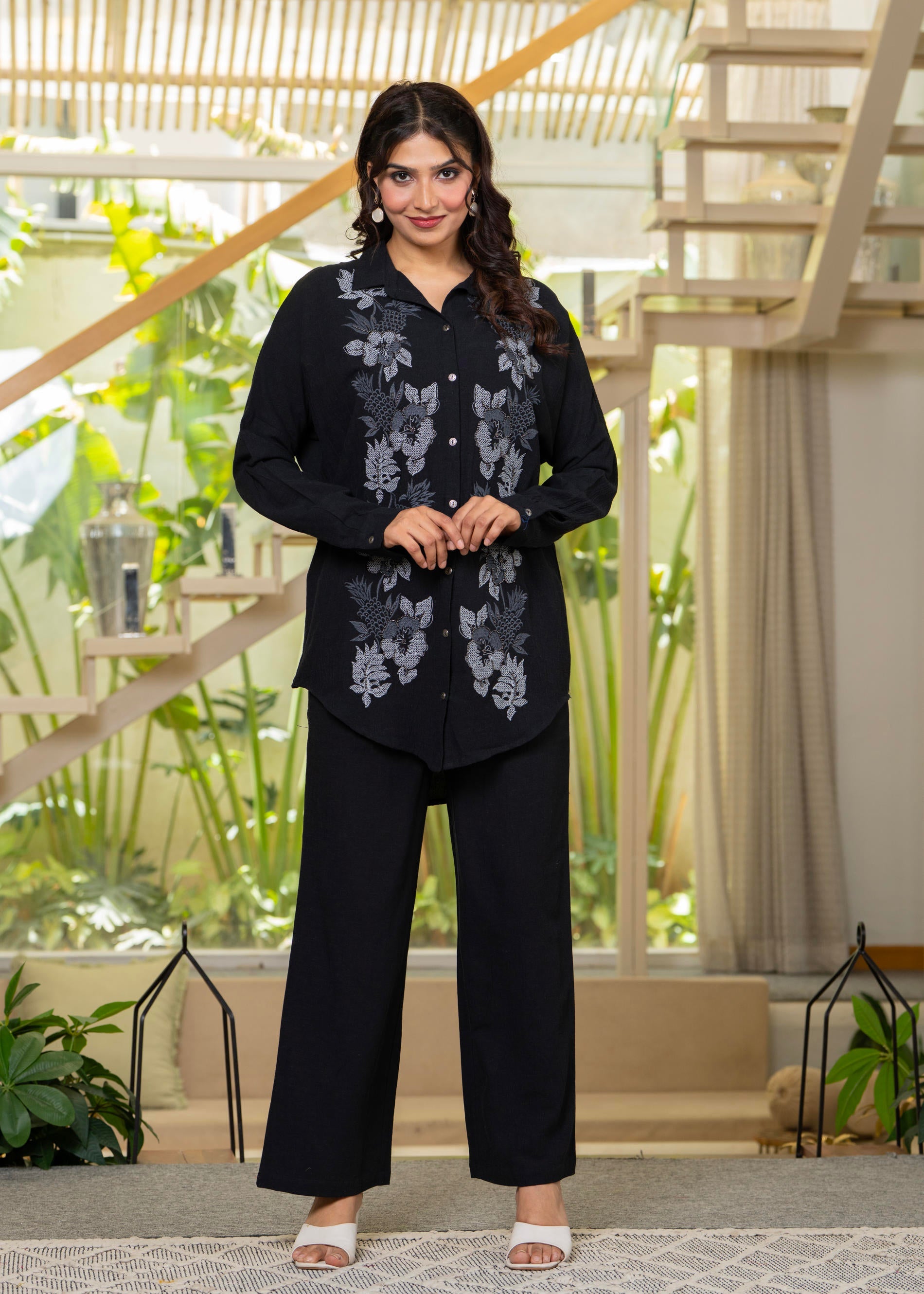 Viscose Linen Black Embroidered Shirt and Pant Co-Ord Set with Thread Work