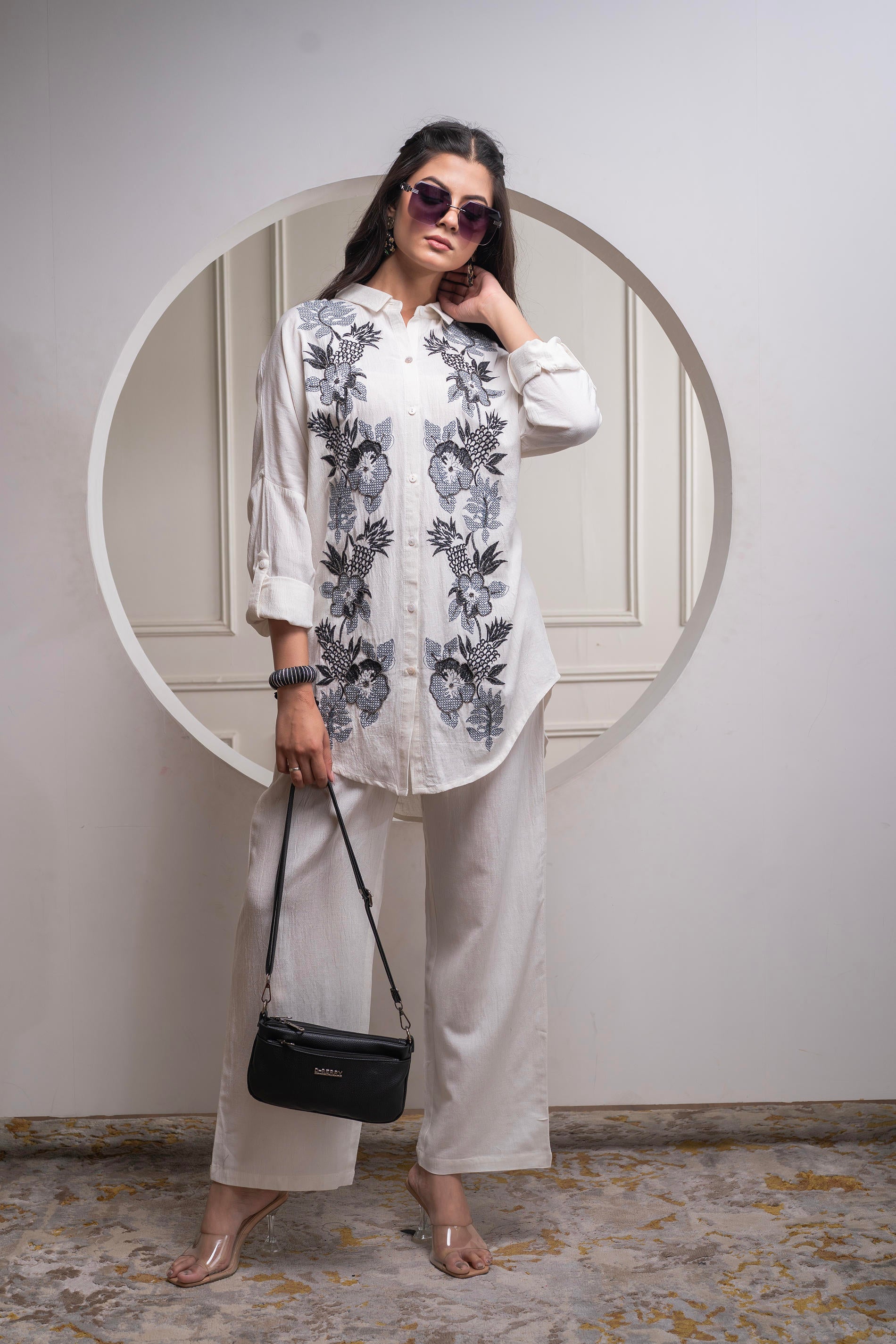 Viscose Linen Off White Embroidered Shirt and Pant Co-Ord Set with Thread Work