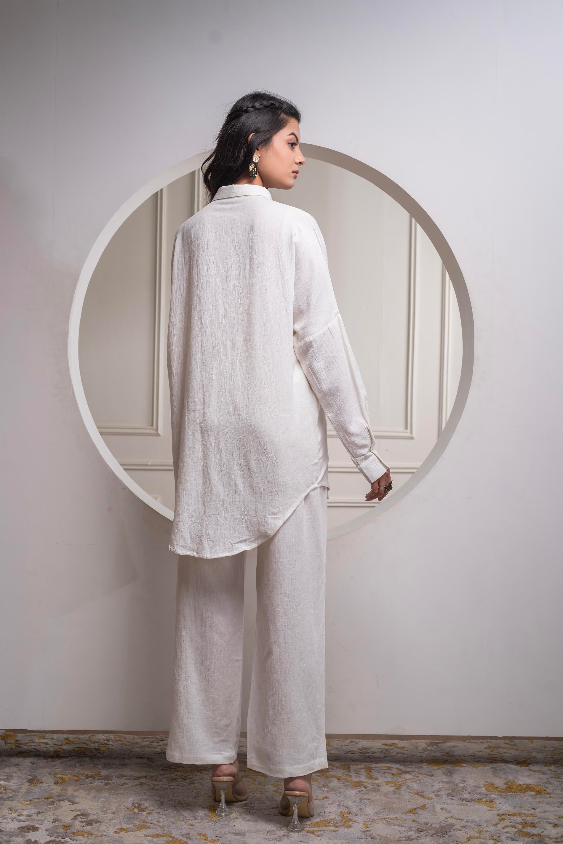 Viscose Linen Off White Embroidered Shirt and Pant Co-Ord Set with Thread Work