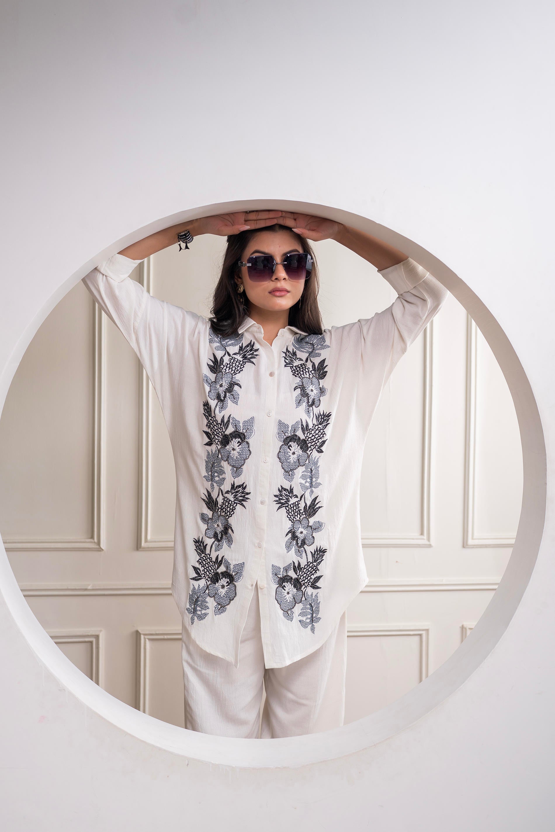 Viscose Linen Off White Embroidered Shirt and Pant Co-Ord Set with Thread Work