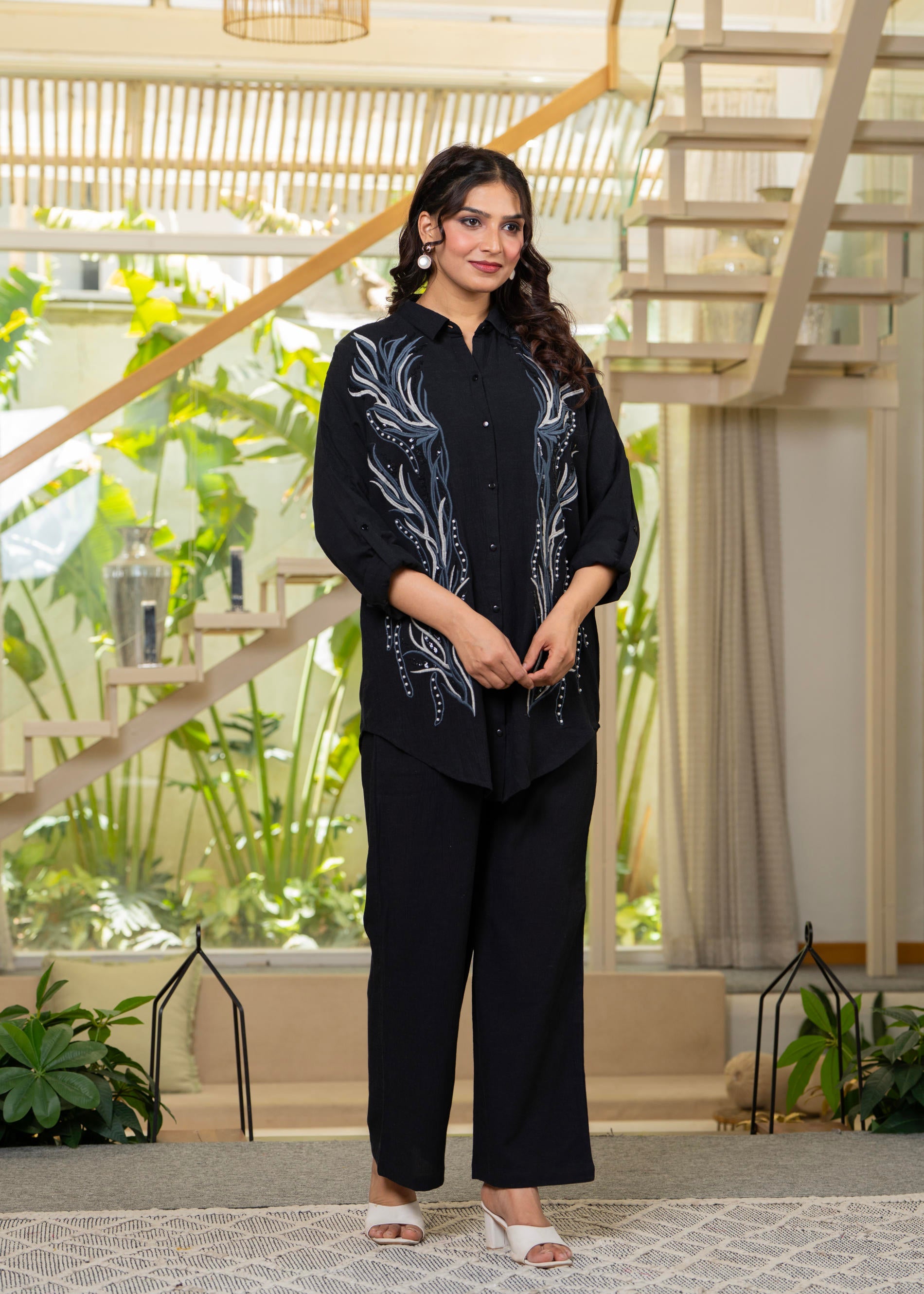 Black Embroidered Viscose Co-ord Set with Beads & Sequin Highlights