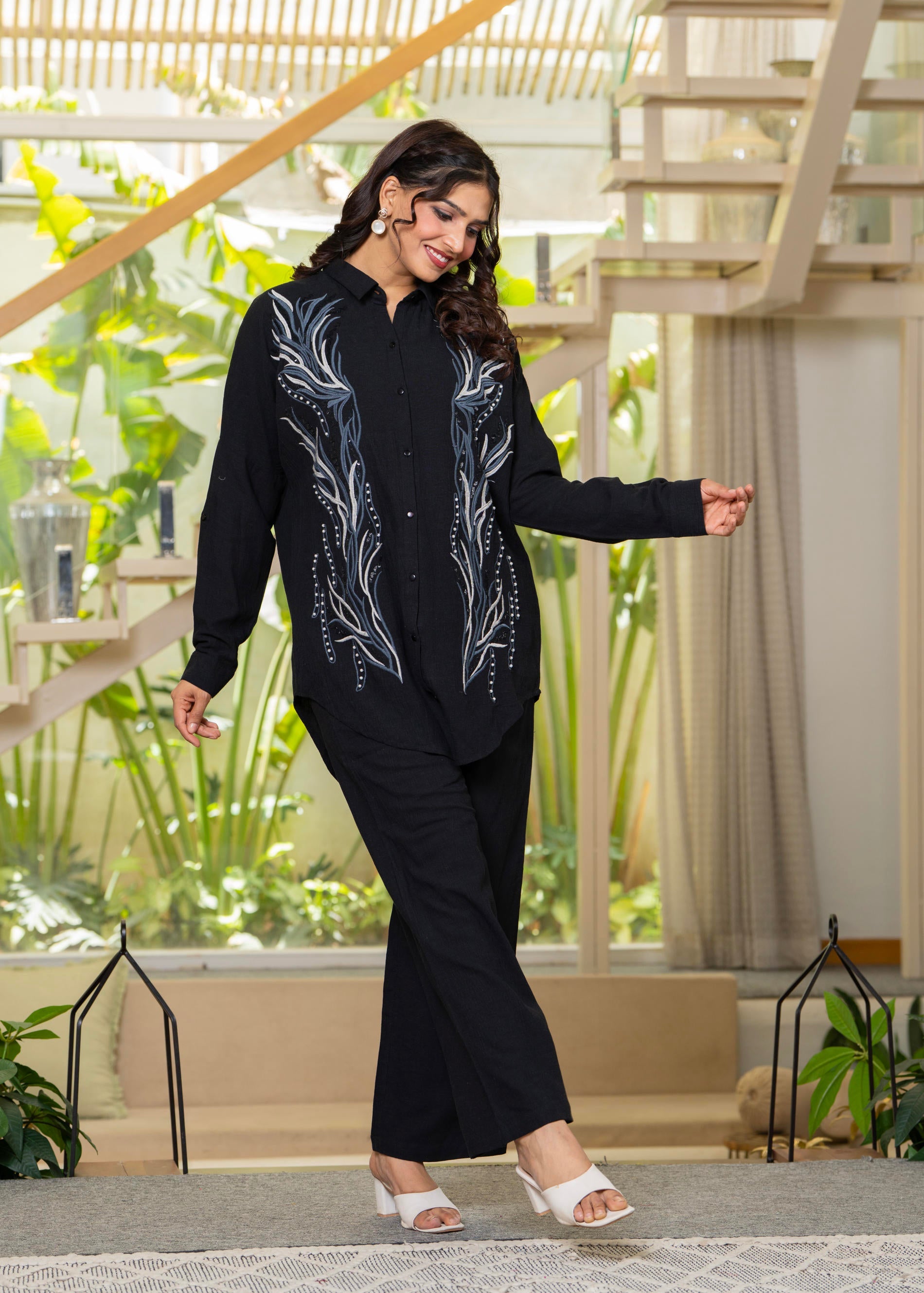 Black Embroidered Viscose Co-ord Set with Beads & Sequin Highlights
