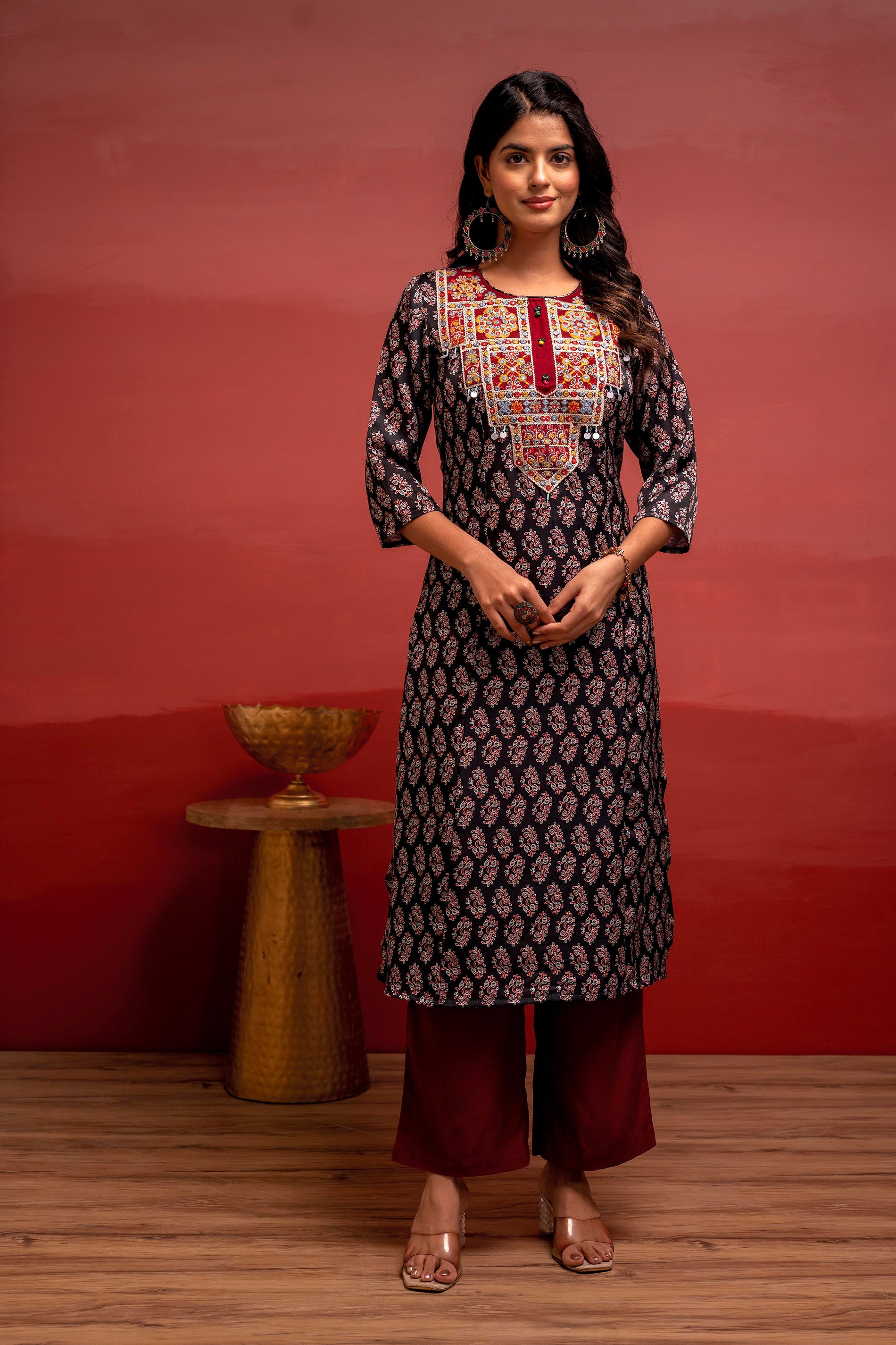Black Floral Poly Kurta and Pants Set with Mirror, Thread Work and tassels Detail