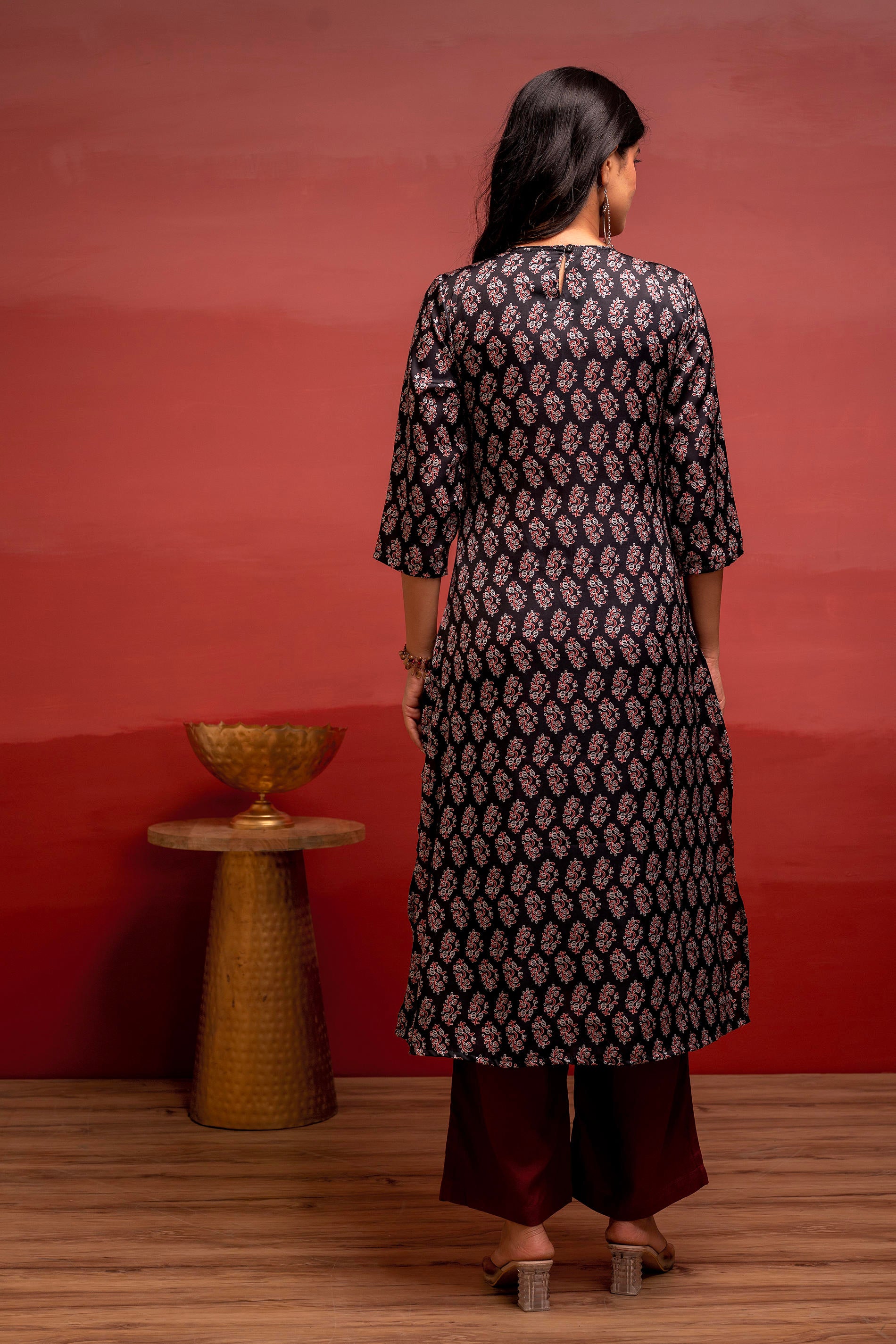 Black Floral Poly Kurta and Pants Set with Mirror, Thread Work and tassels Detail