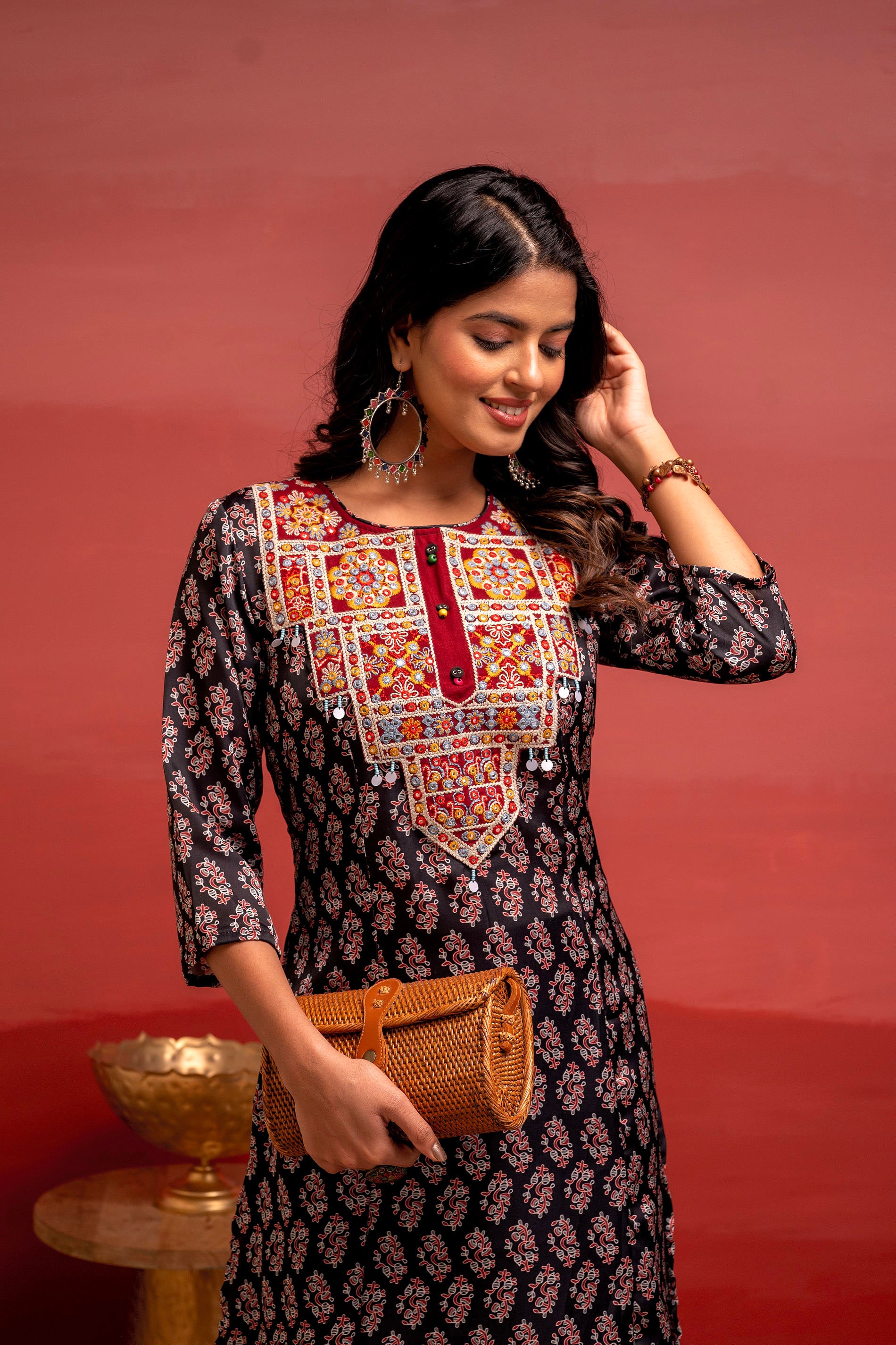 Black Floral Poly Kurta and Pants Set with Mirror, Thread Work and tassels Detail