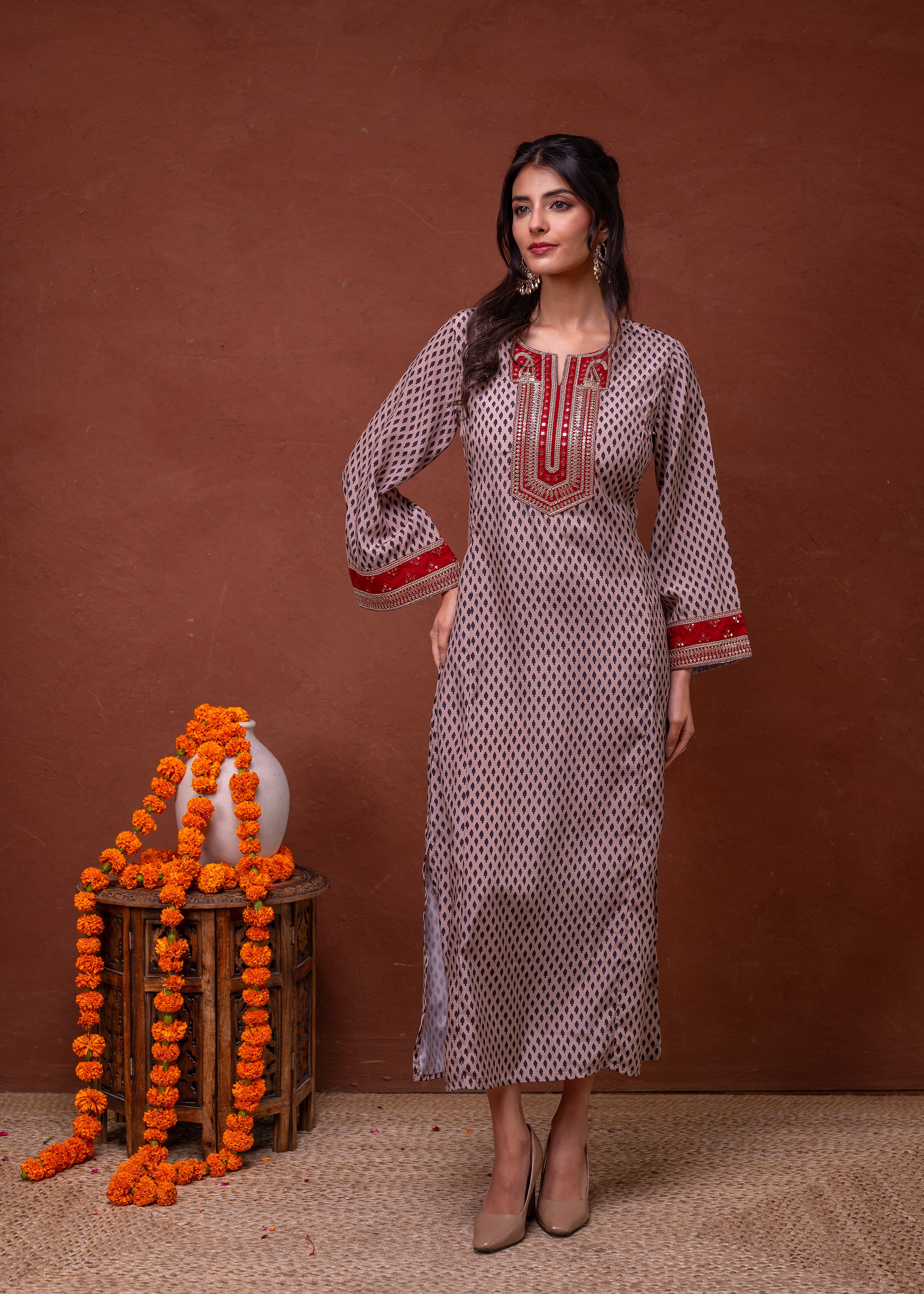 Beige Embroidered A-Line Kurta with Mirror & Thread Work