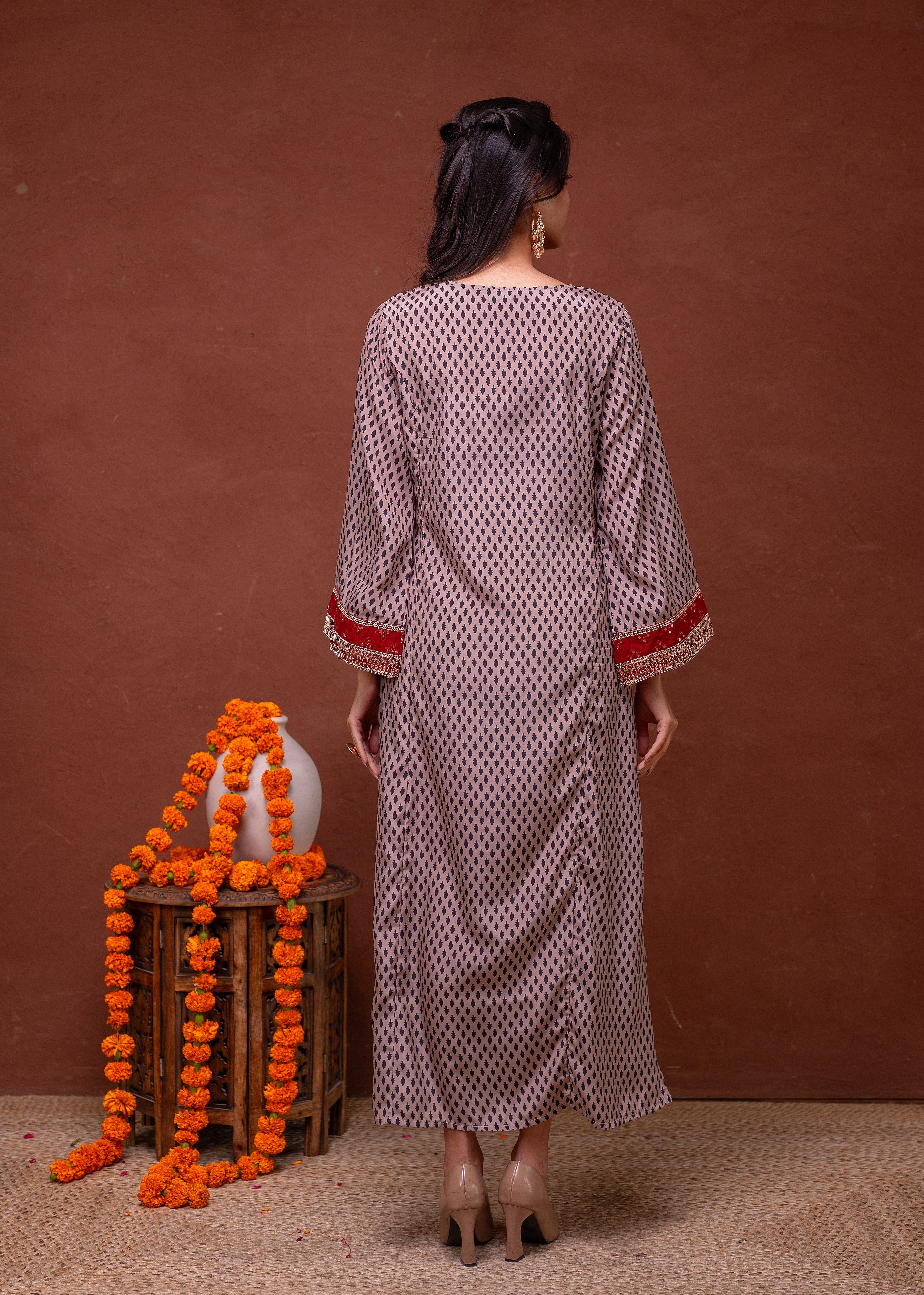 Beige Embroidered A-Line Kurta with Mirror & Thread Work