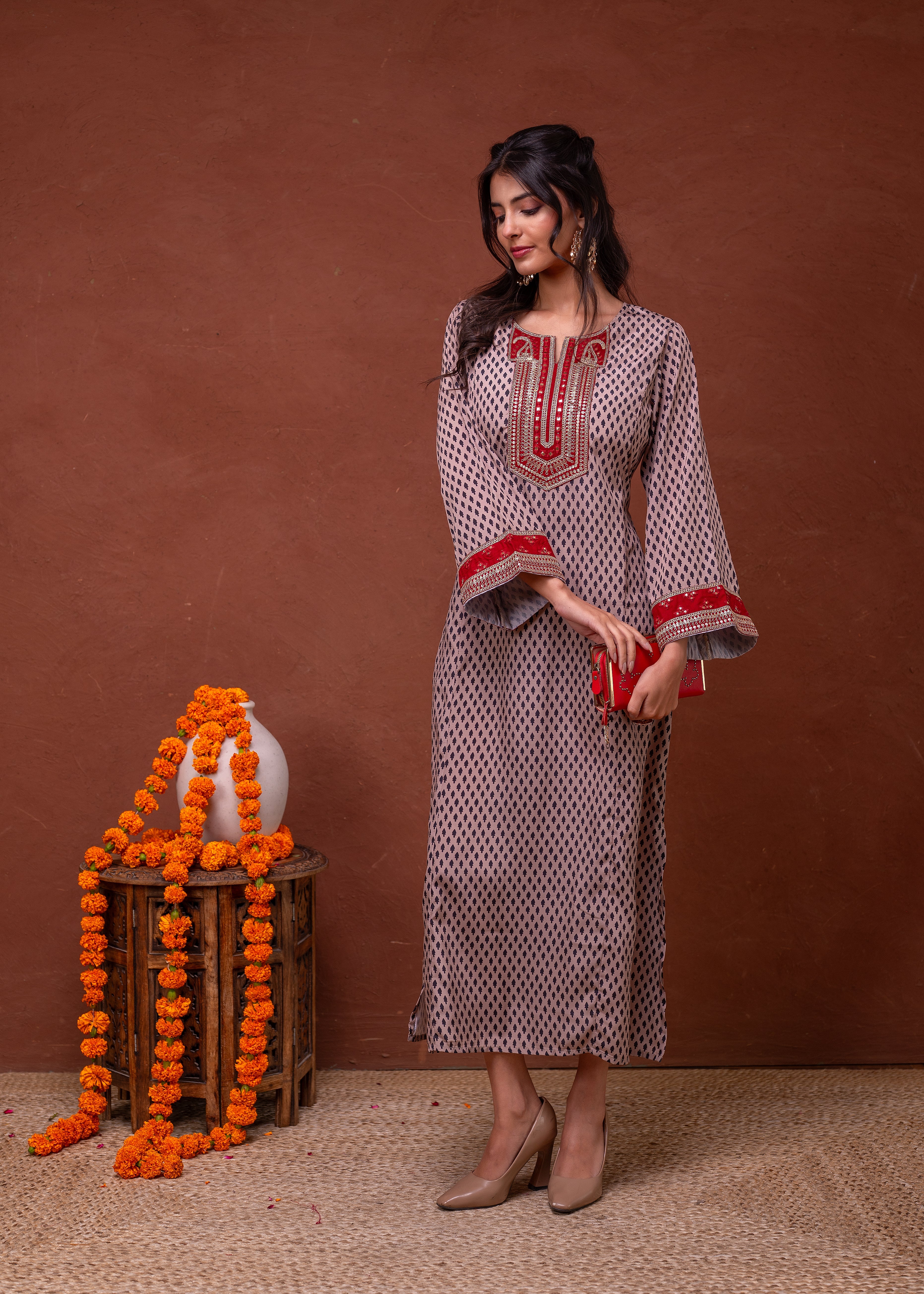 Beige Embroidered A-Line Kurta with Mirror & Thread Work