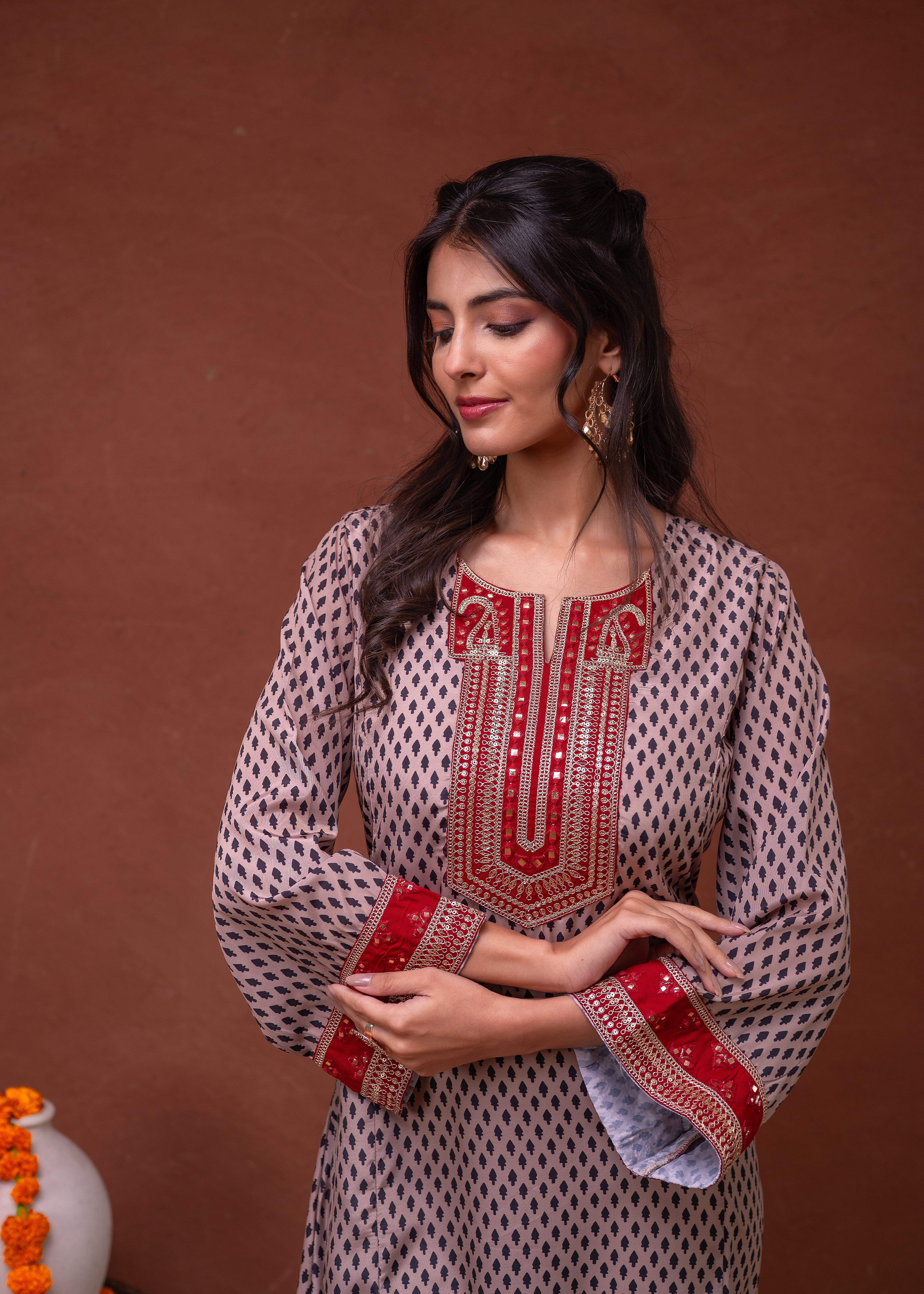 Beige Embroidered A-Line Kurta with Mirror & Thread Work