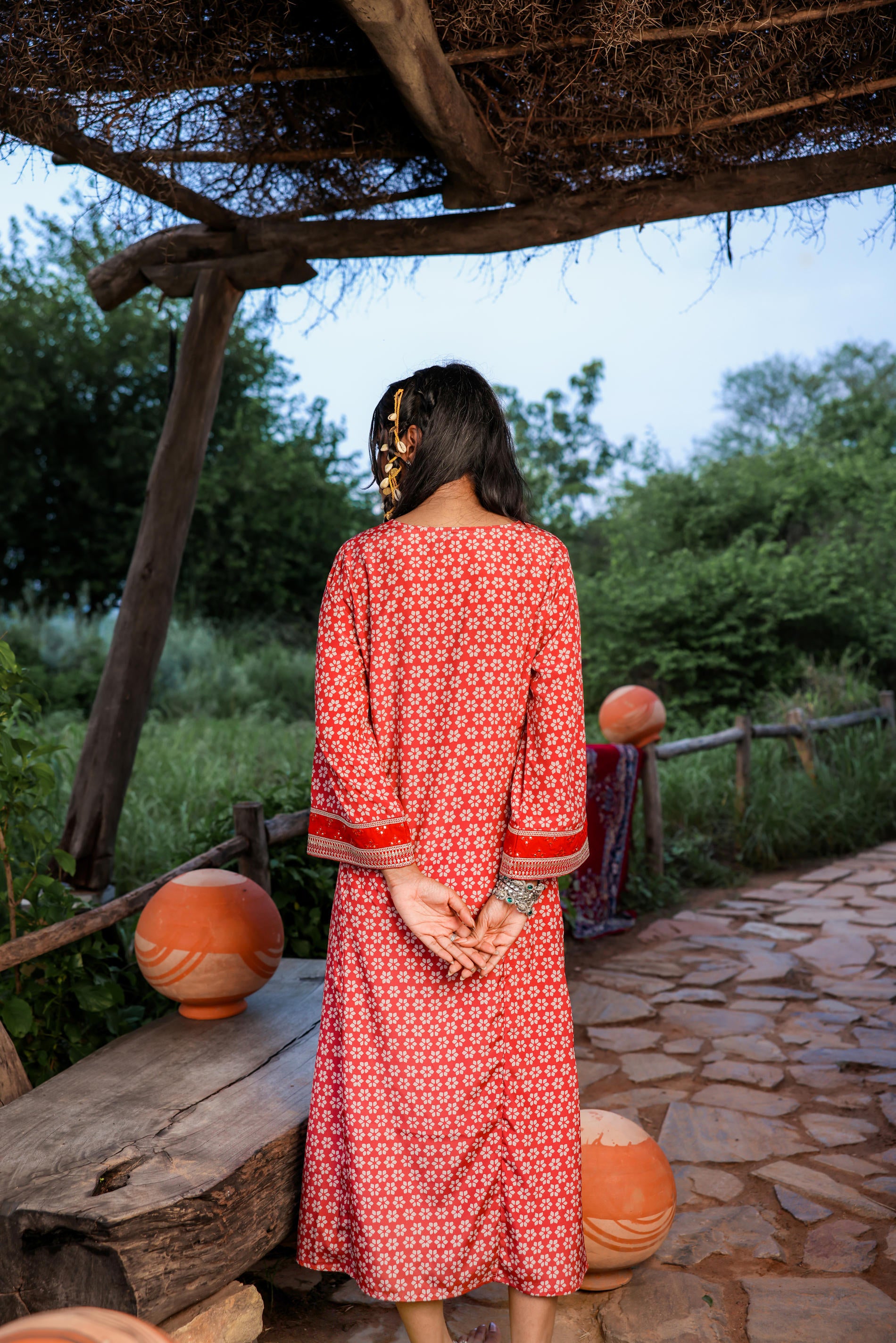 Red Embroidered A-Line Kurta with Mirror & Thread Work