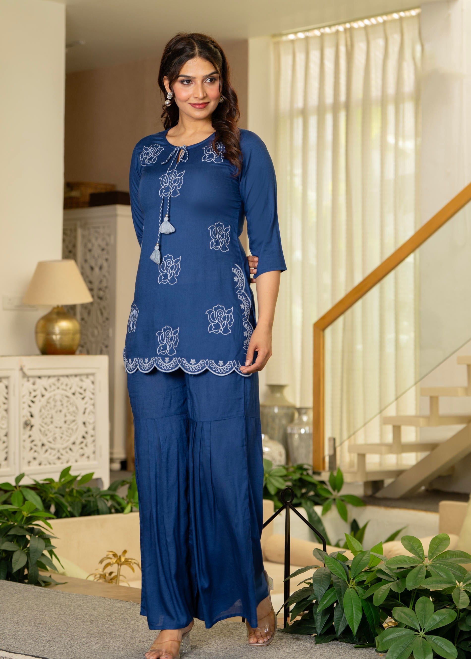 Navy Solid Viscose Tunic and Pants Co-ord Set with Thread Work and Sequence