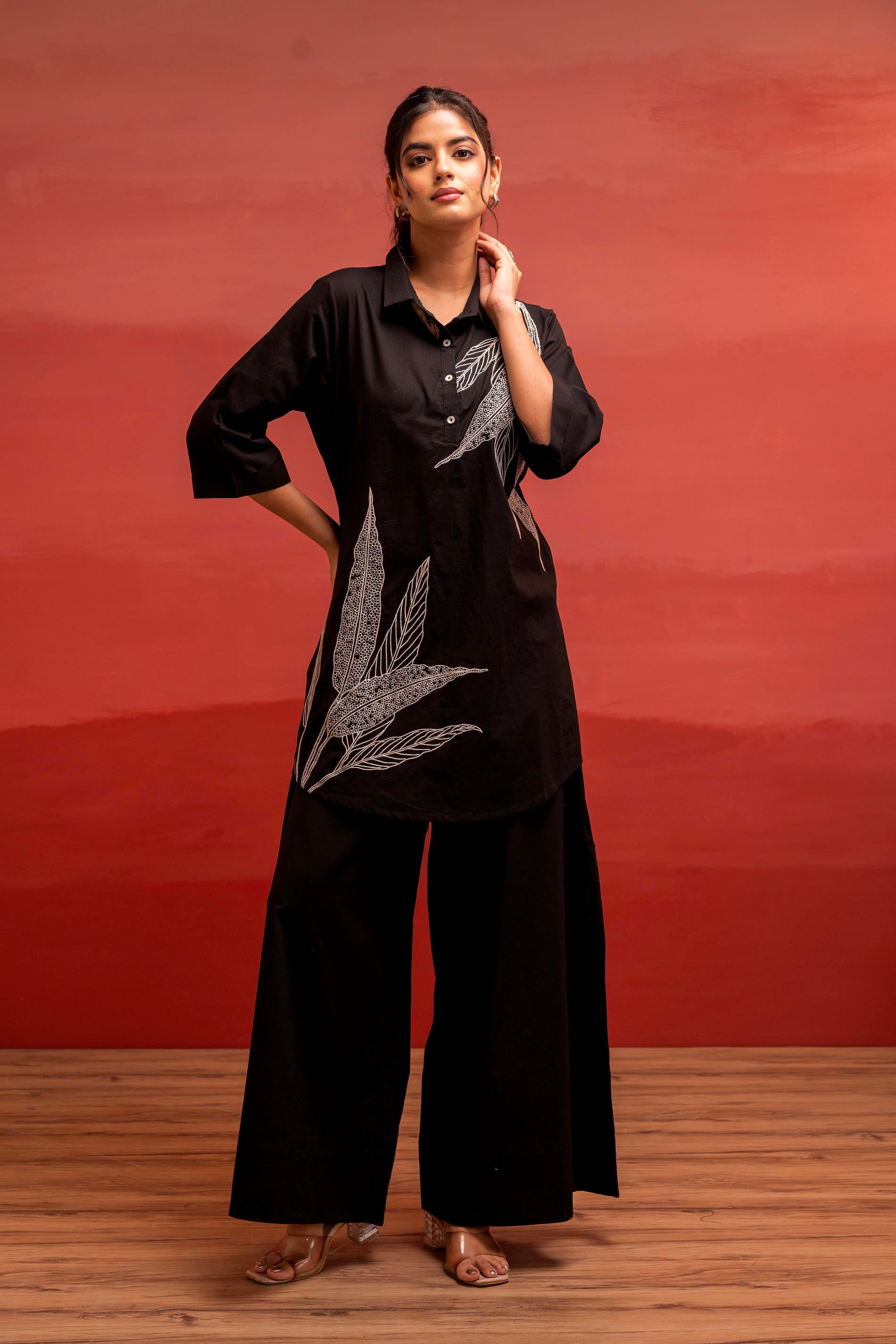 Black Solid Cotton Shirt and Pants Co-ord Set with Thread Work