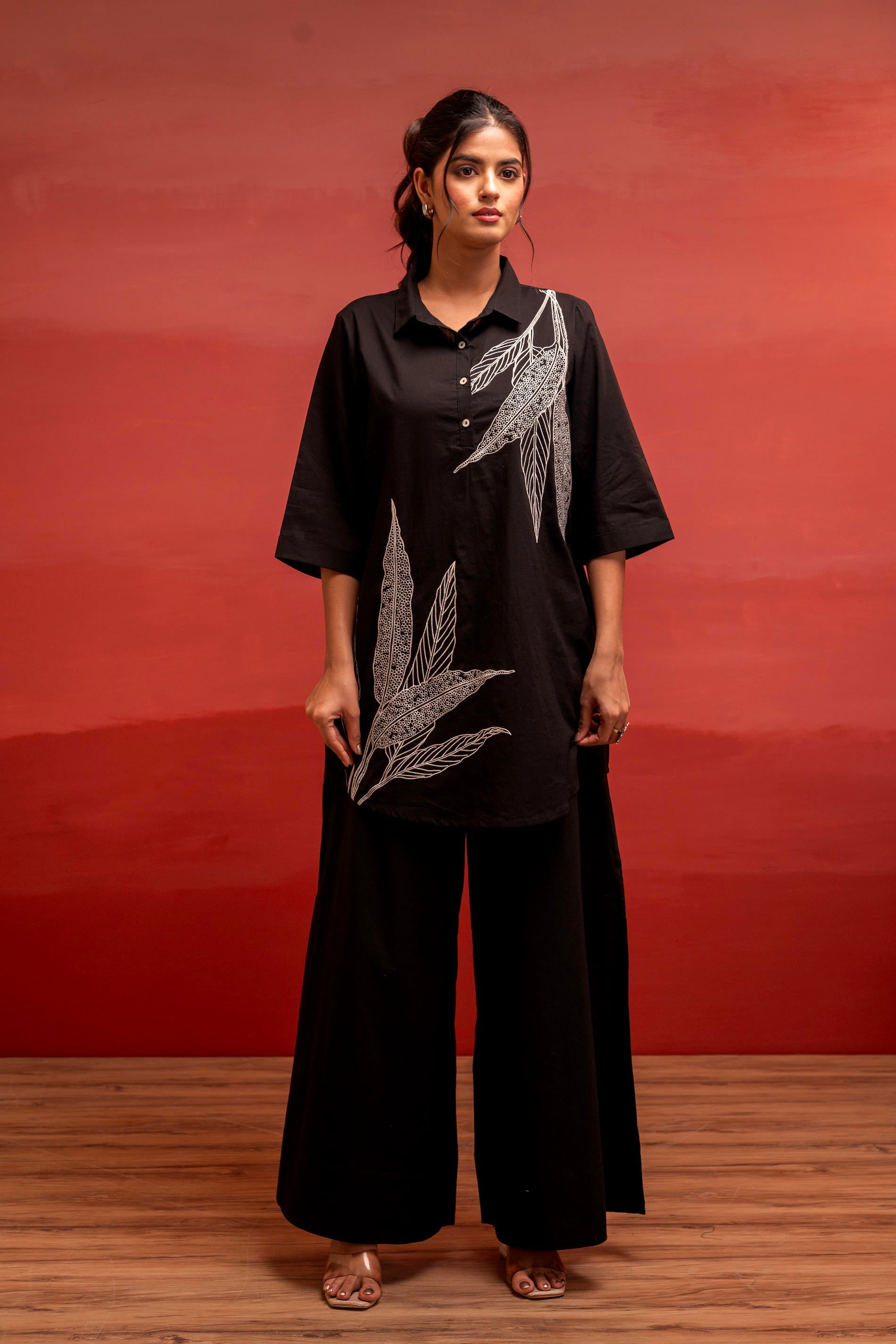 Black Solid Cotton Shirt and Pants Co-ord Set with Thread Work