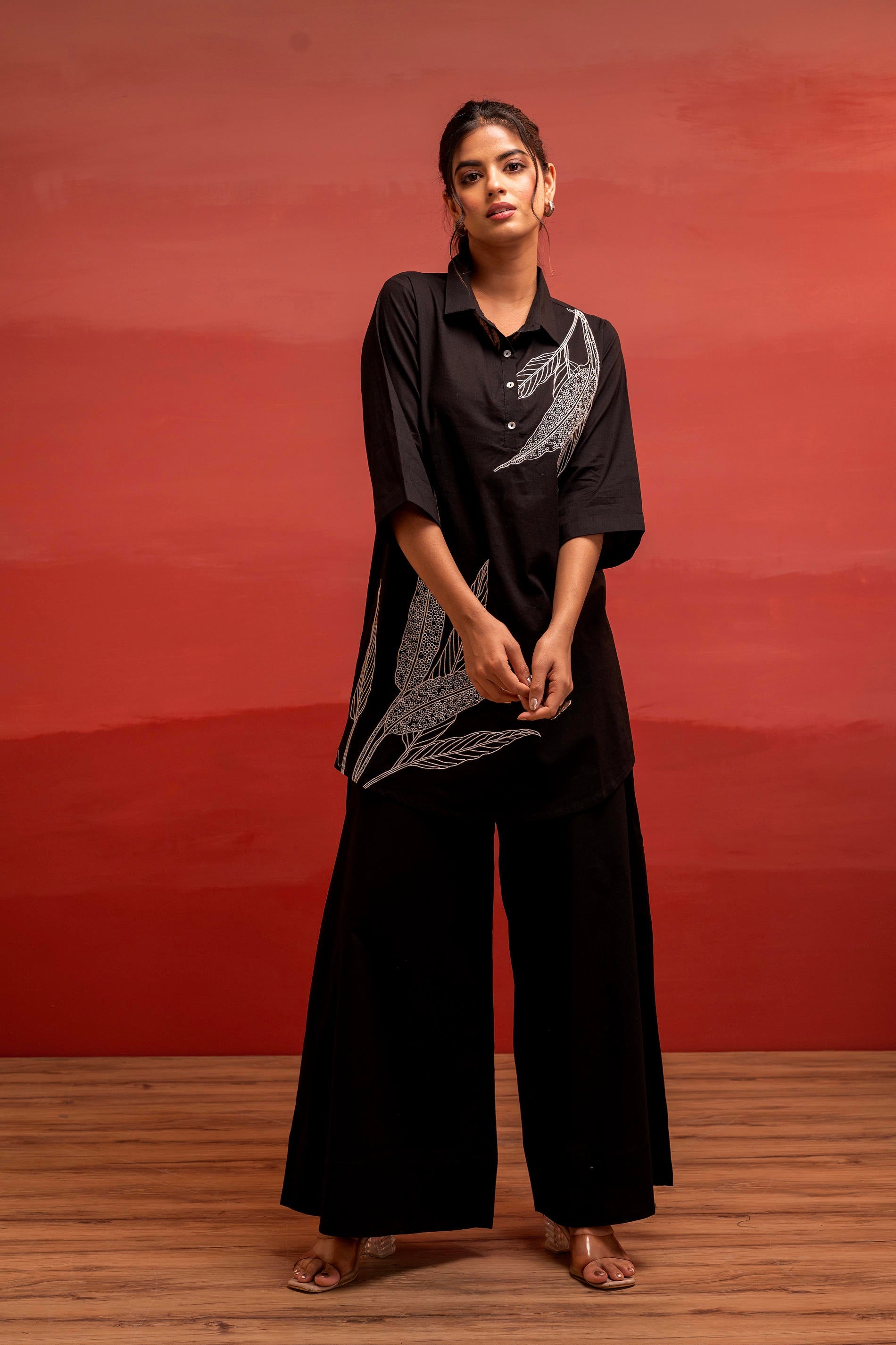 Black Solid Cotton Shirt and Pants Co-ord Set with Thread Work