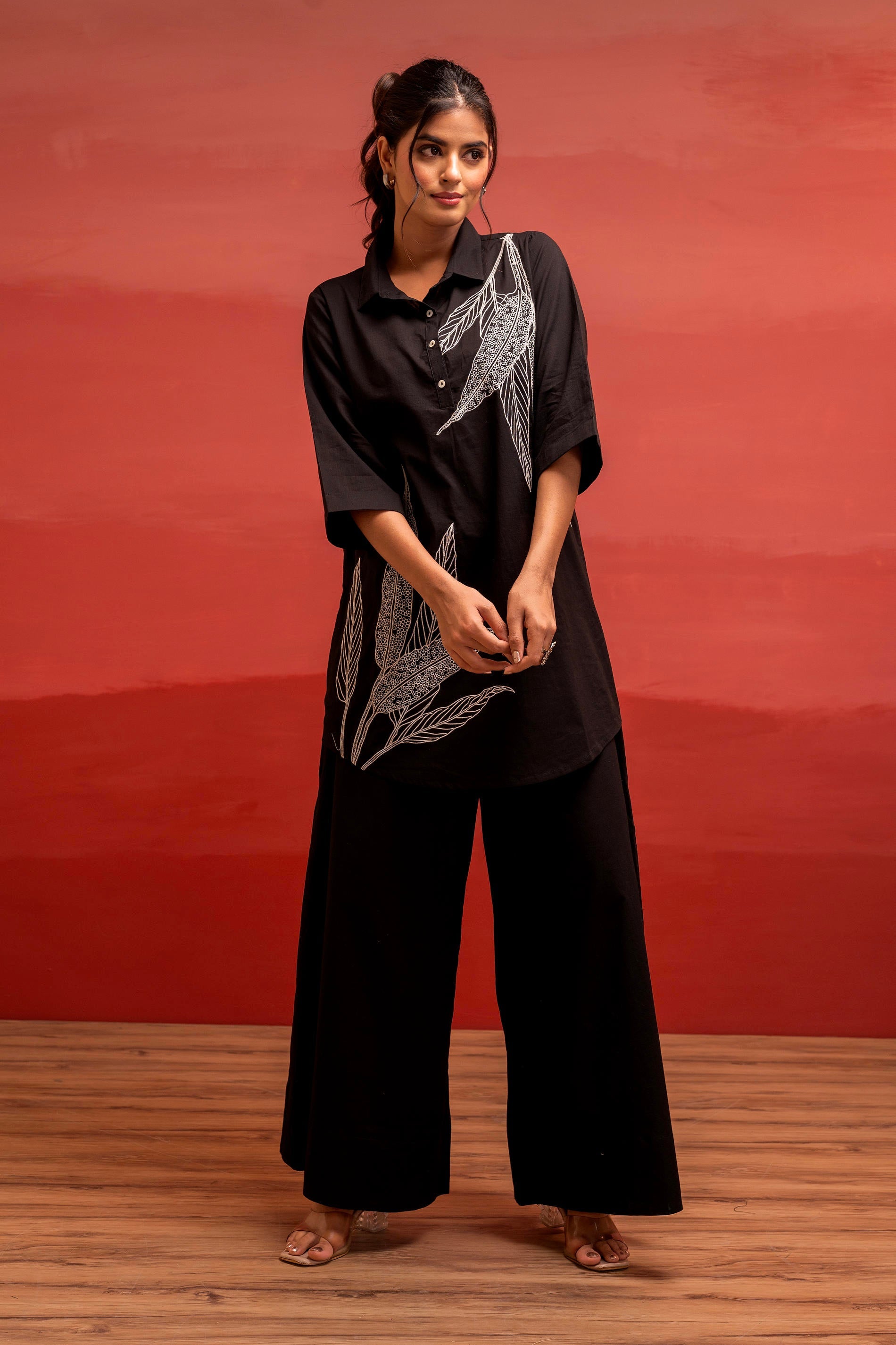 Black Solid Cotton Shirt and Pants Co-ord Set with Thread Work