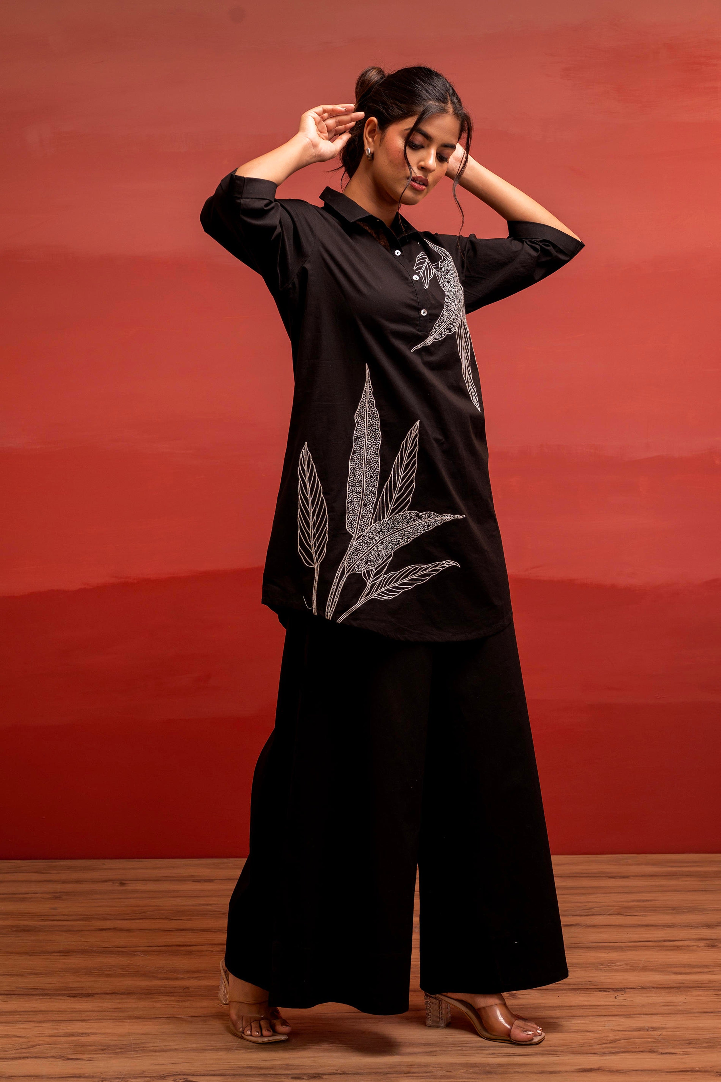 Black Solid Cotton Shirt and Pants Co-ord Set with Thread Work