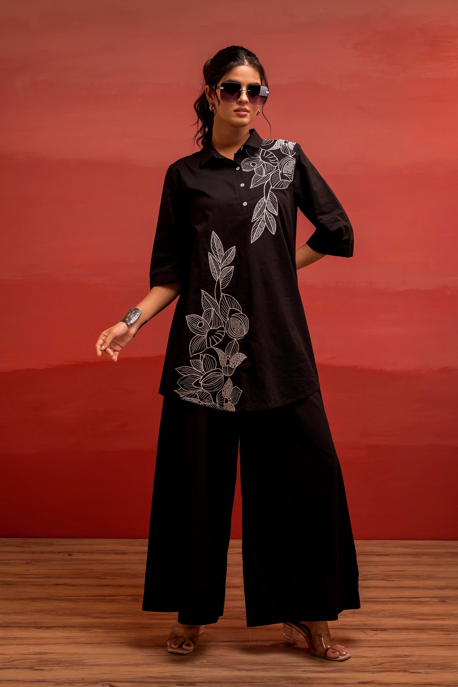 Black Solid Cotton Shirt and Pants Co-ord Set with Thread Work