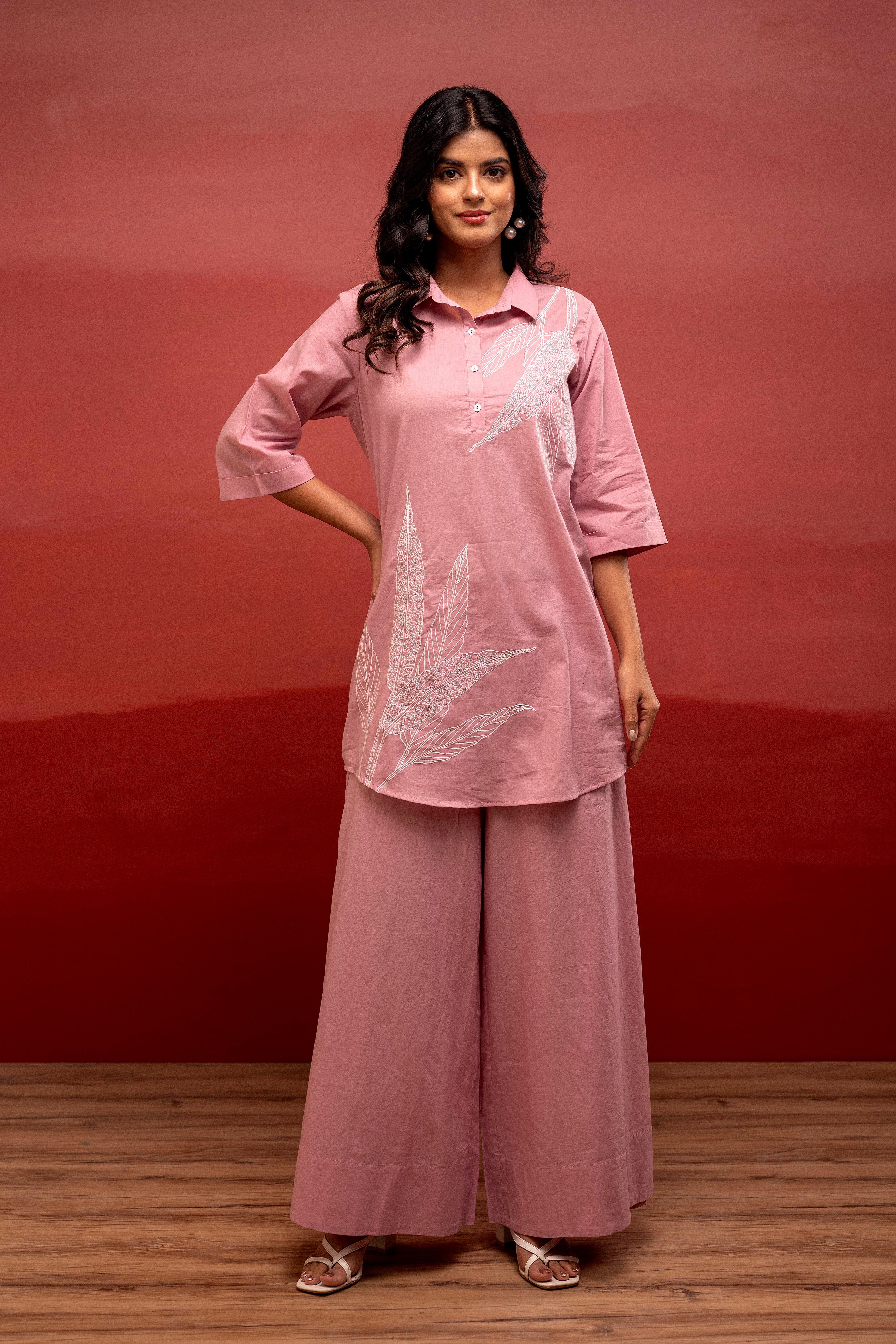 Onionpink Solid Cotton Shirt and Pants Co-ord Set with Thread Work