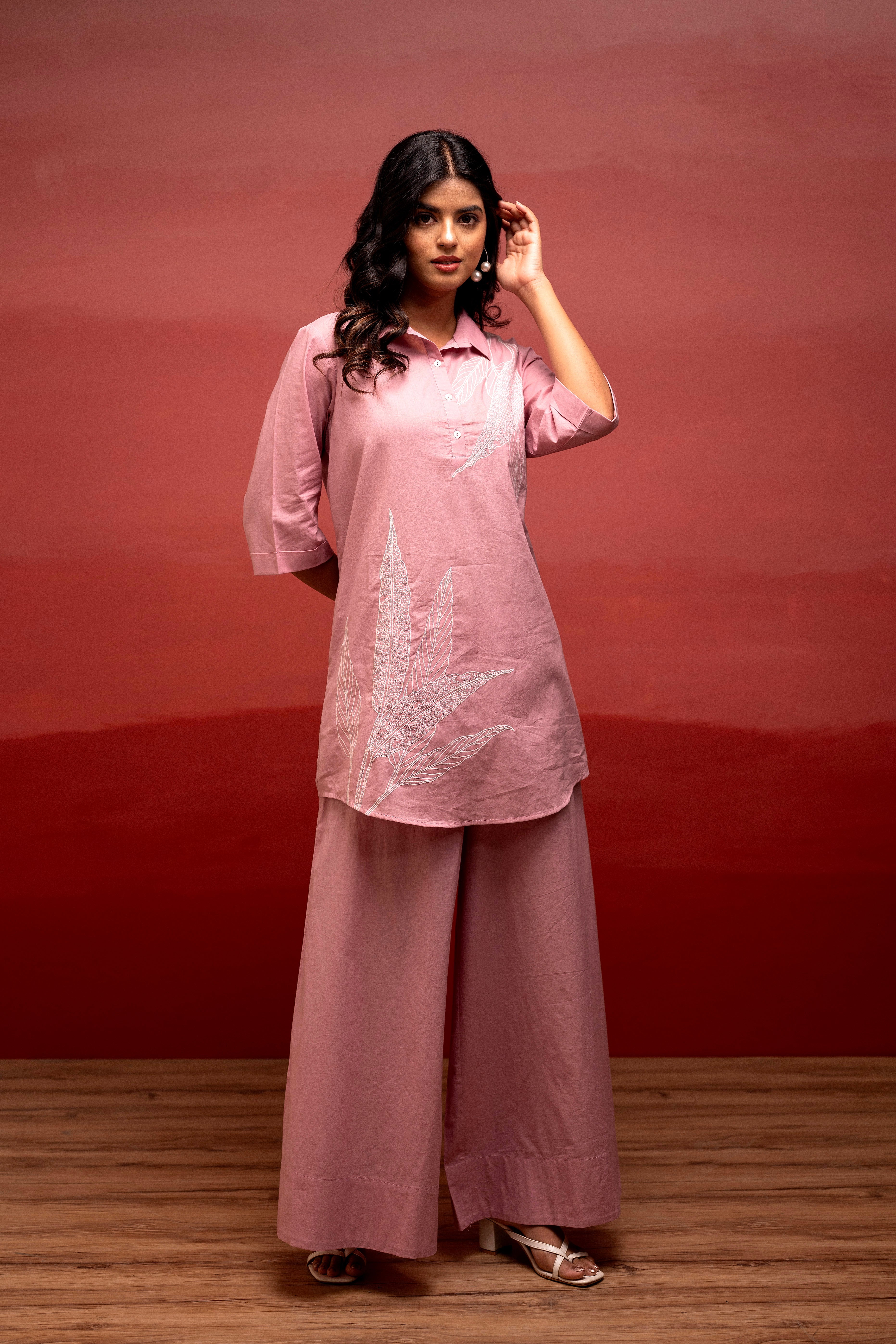 Onionpink Solid Cotton Shirt and Pants Co-ord Set with Thread Work