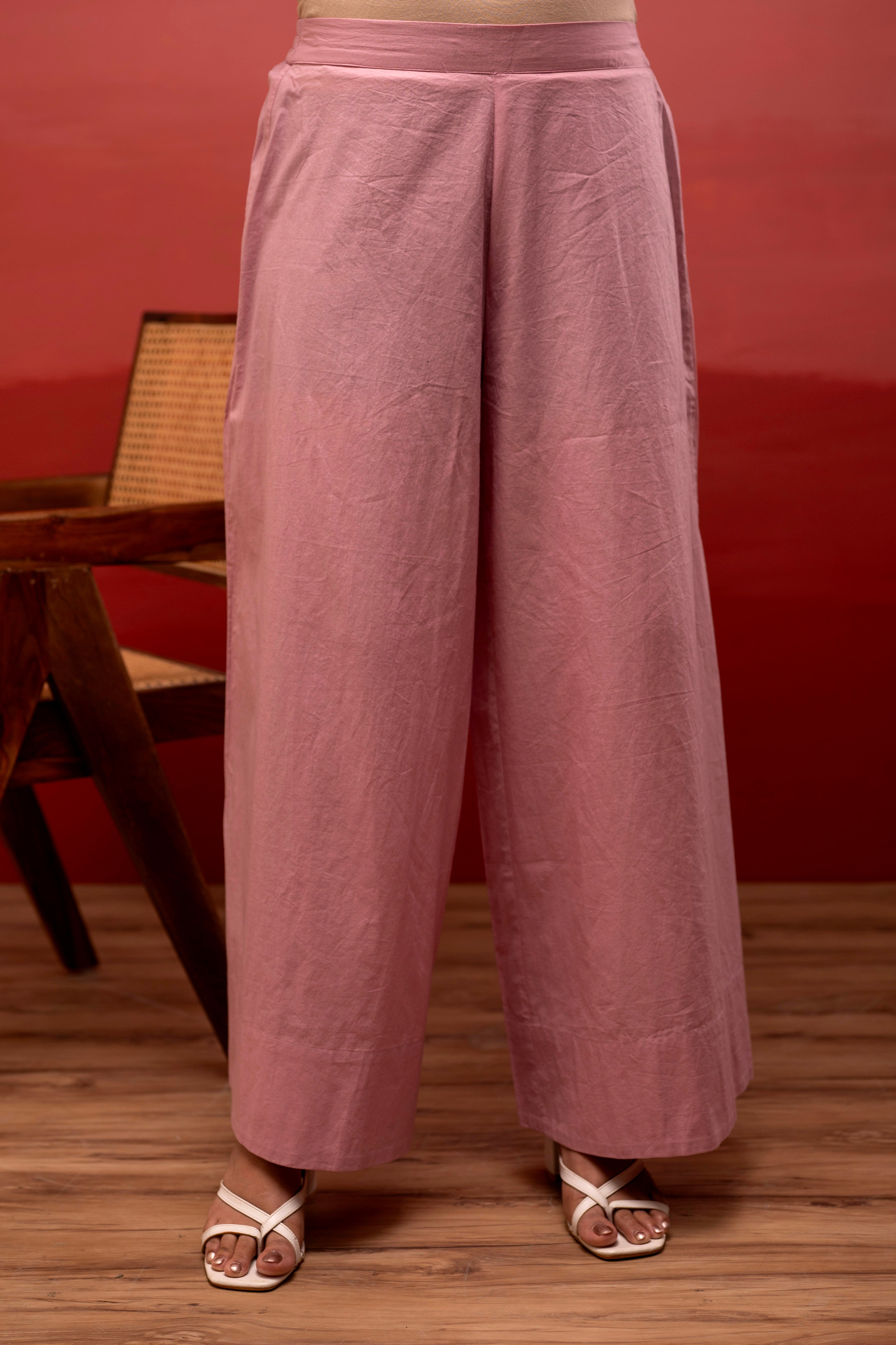 Onionpink Solid Cotton Shirt and Pants Co-ord Set with Thread Work