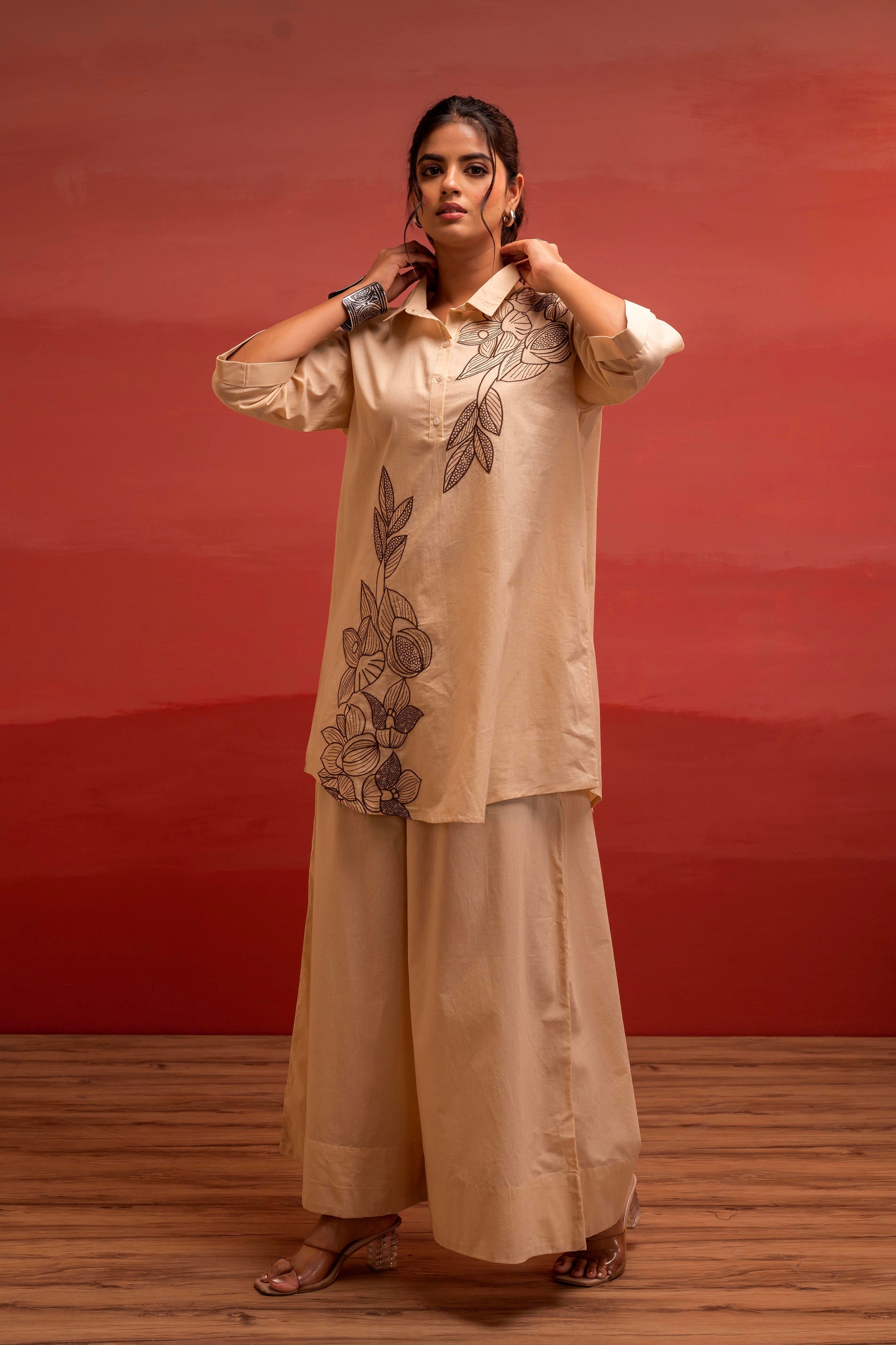 Beige Solid Cotton Shirt and Pants Co-ord Set with Thread Work