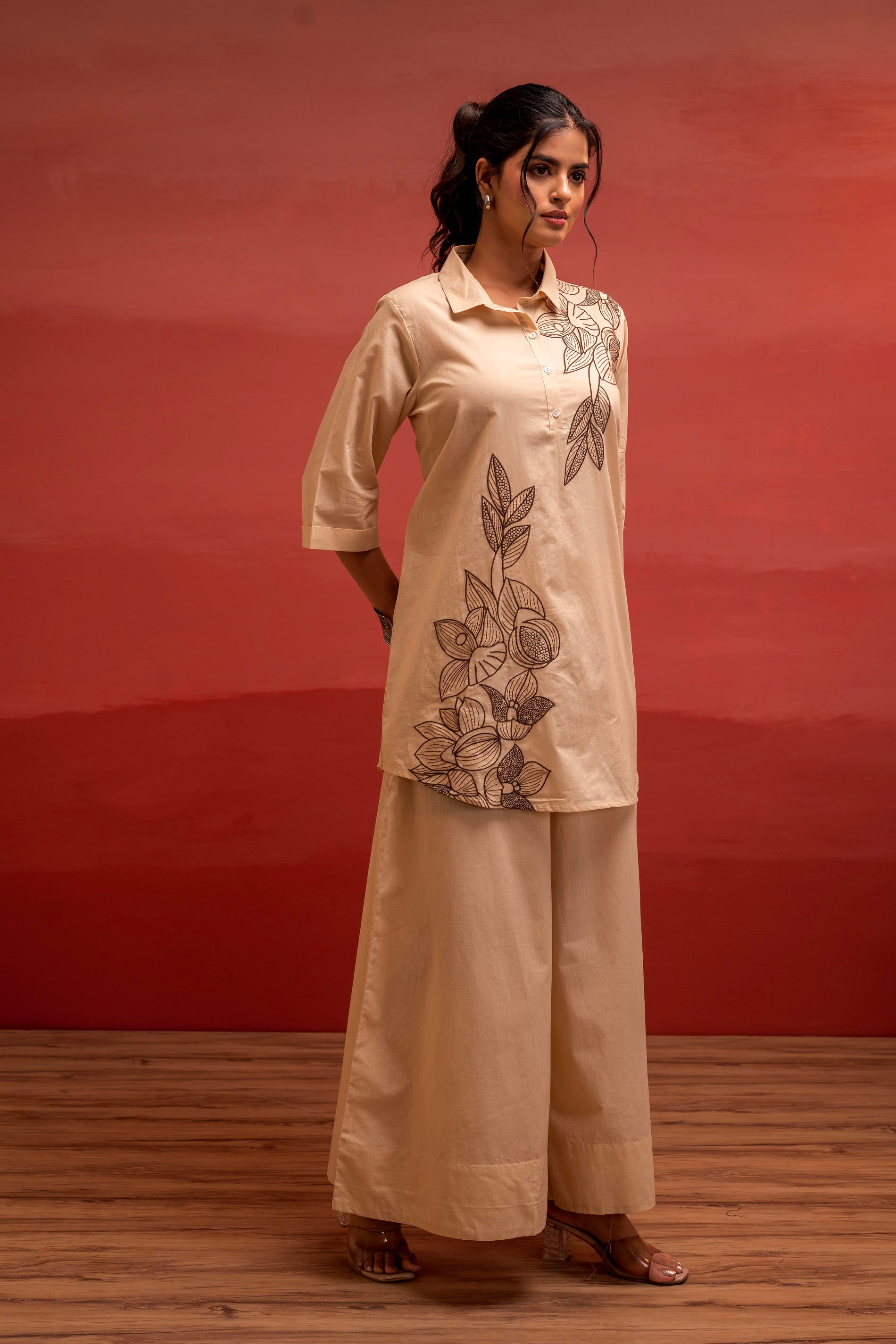 Beige Solid Cotton Shirt and Pants Co-ord Set with Thread Work