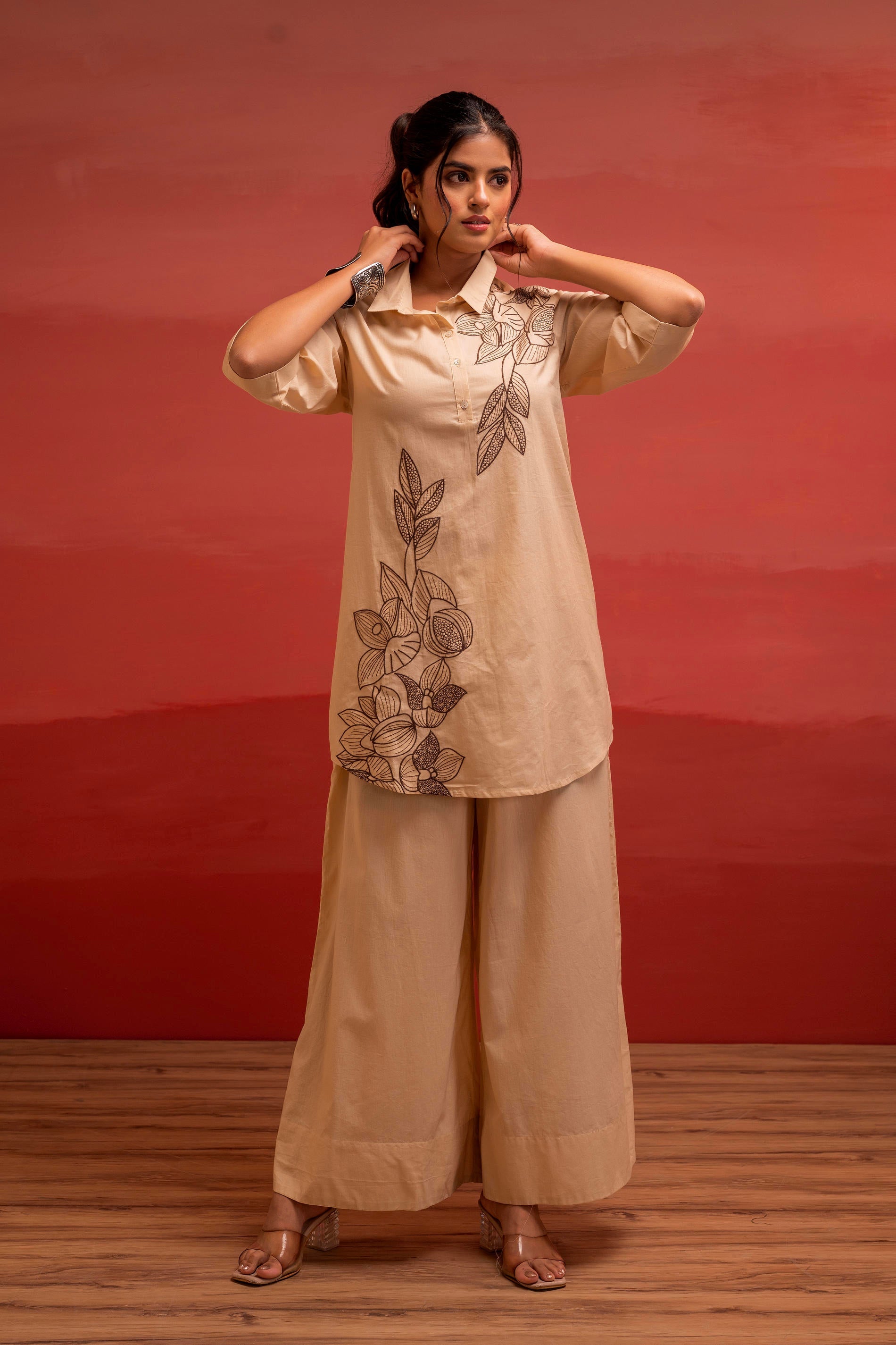 Beige Solid Cotton Shirt and Pants Co-ord Set with Thread Work