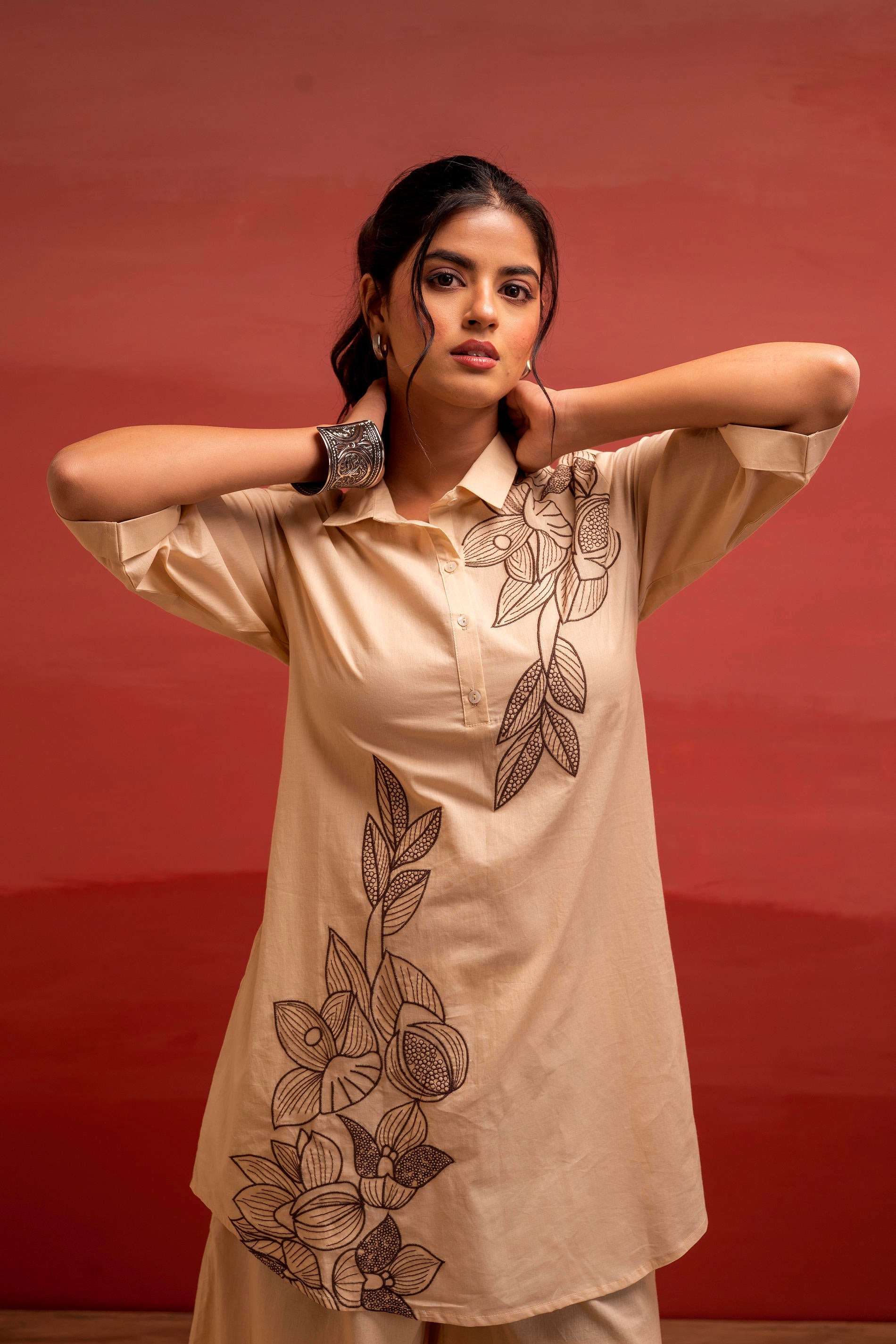 Beige Solid Cotton Shirt and Pants Co-ord Set with Thread Work