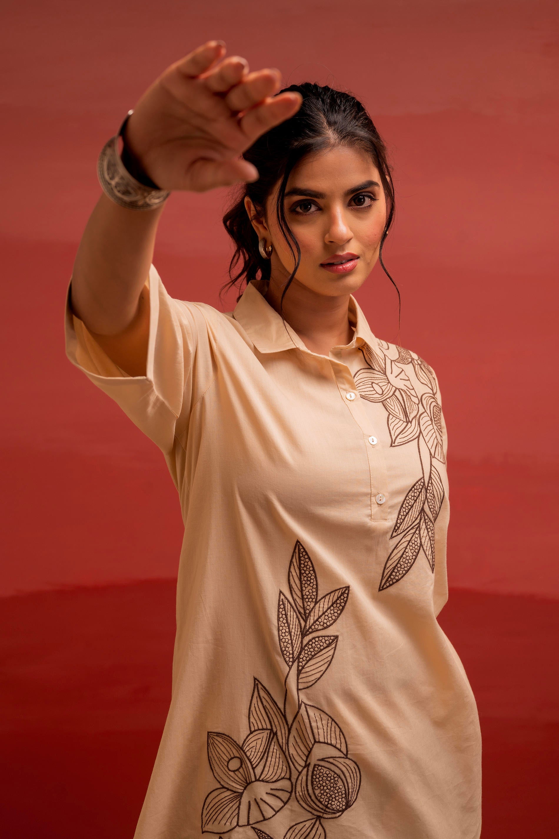 Beige Solid Cotton Shirt and Pants Co-ord Set with Thread Work