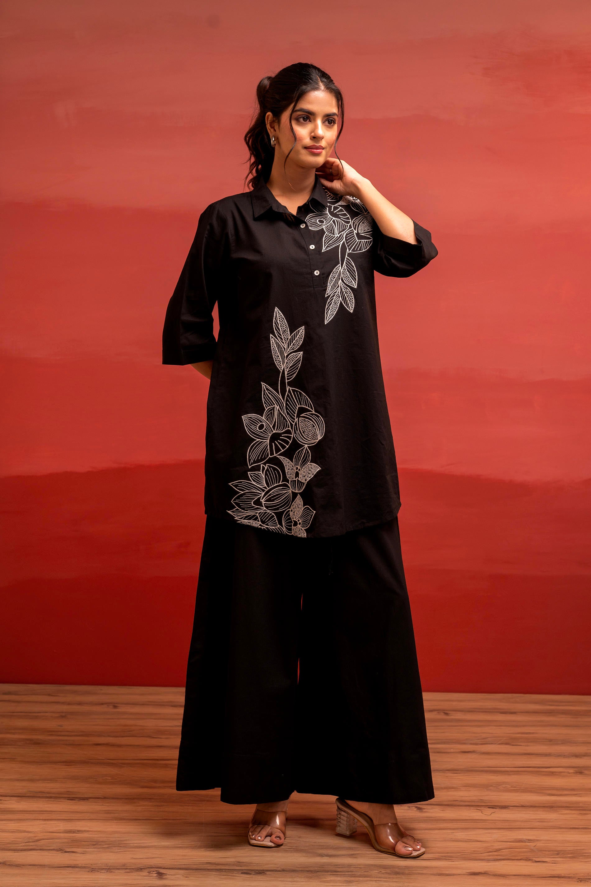 Black Solid Cotton Shirt and Pants Co-ord Set with Thread Work