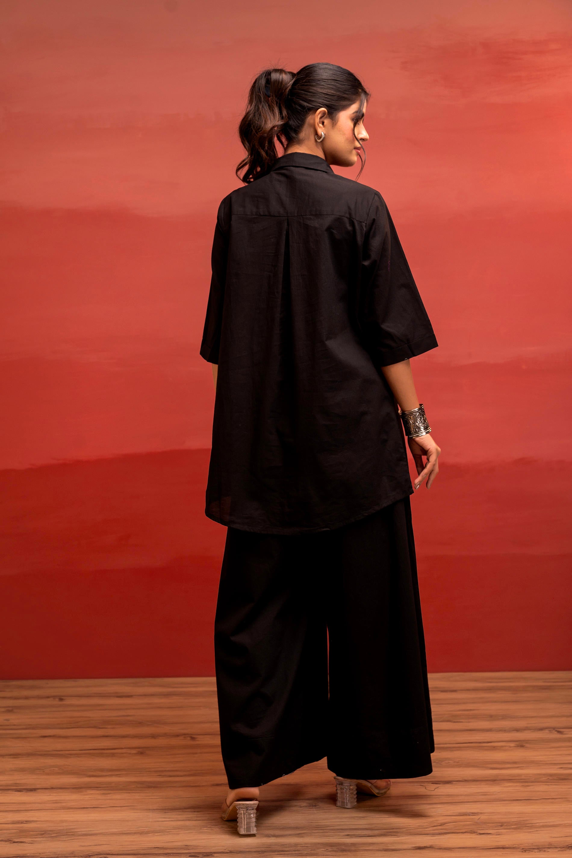 Black Solid Cotton Shirt and Pants Co-ord Set with Thread Work