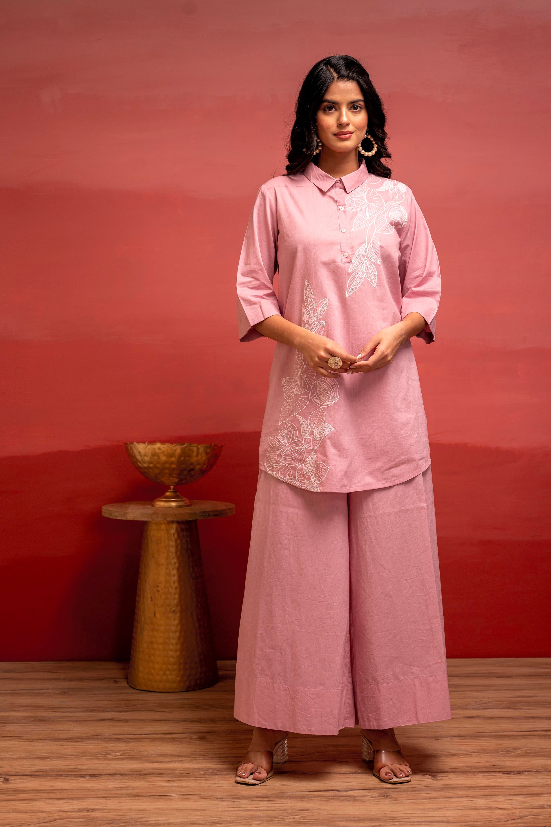 Onionpink Solid Cotton Shirt and Pants Co-ord Set with Thread Work