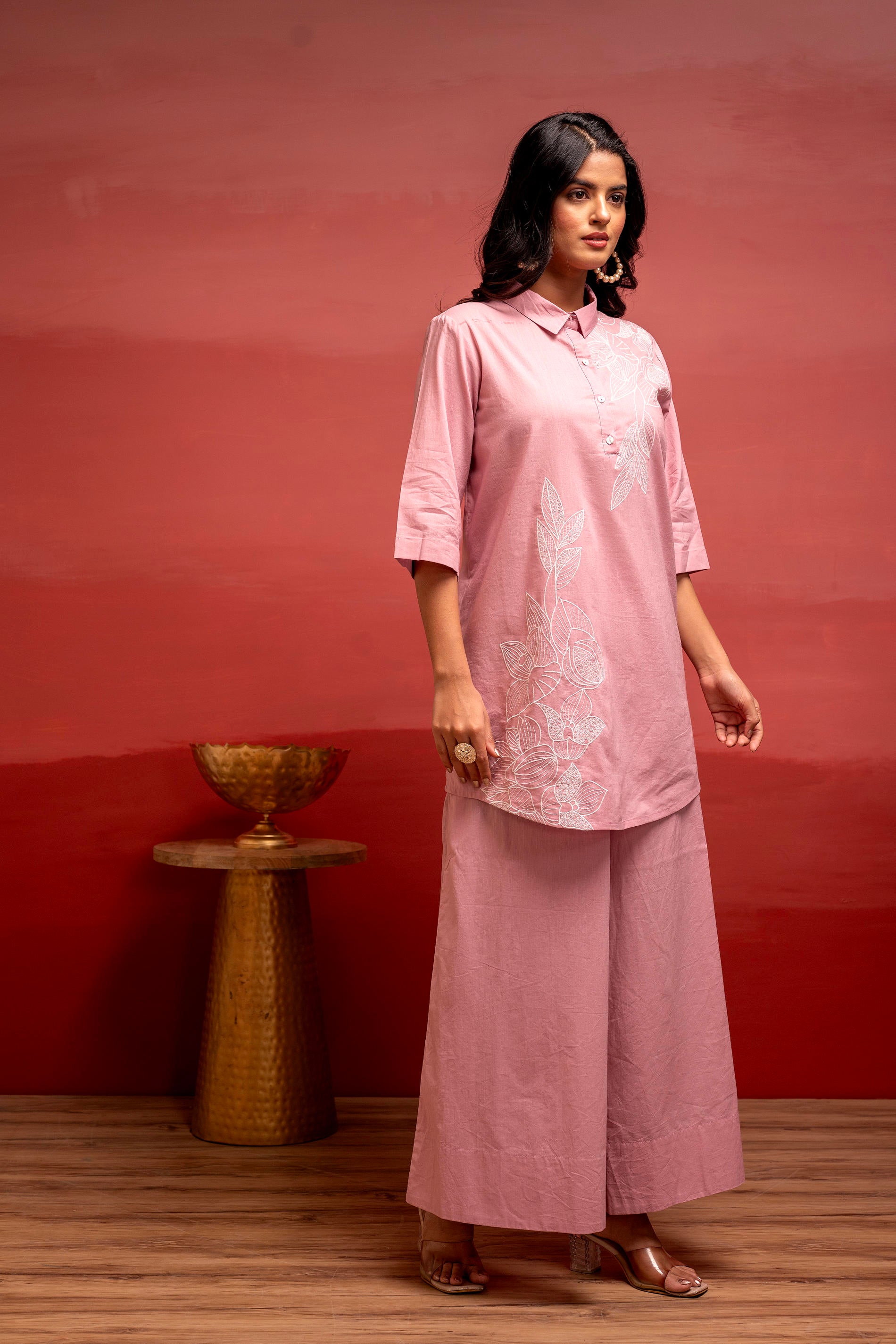 Onionpink Solid Cotton Shirt and Pants Co-ord Set with Thread Work
