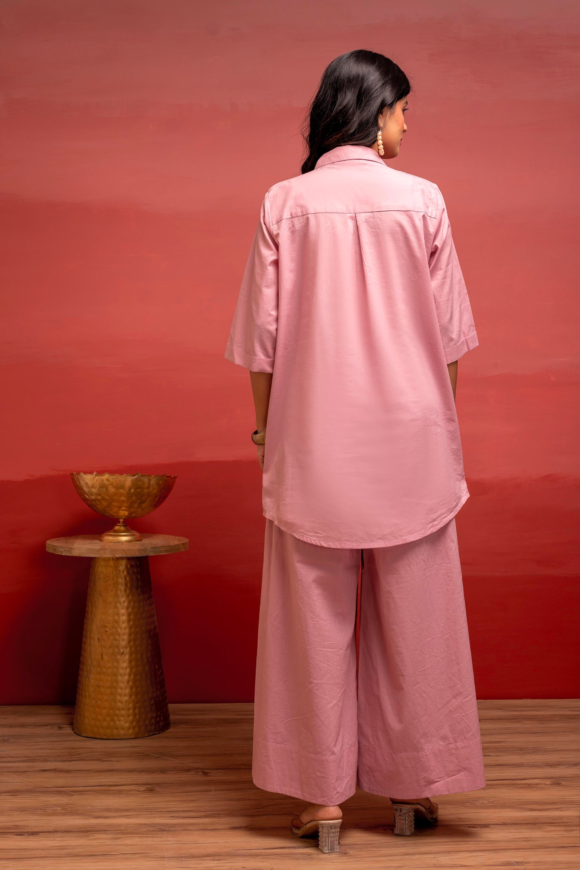 Onionpink Solid Cotton Shirt and Pants Co-ord Set with Thread Work