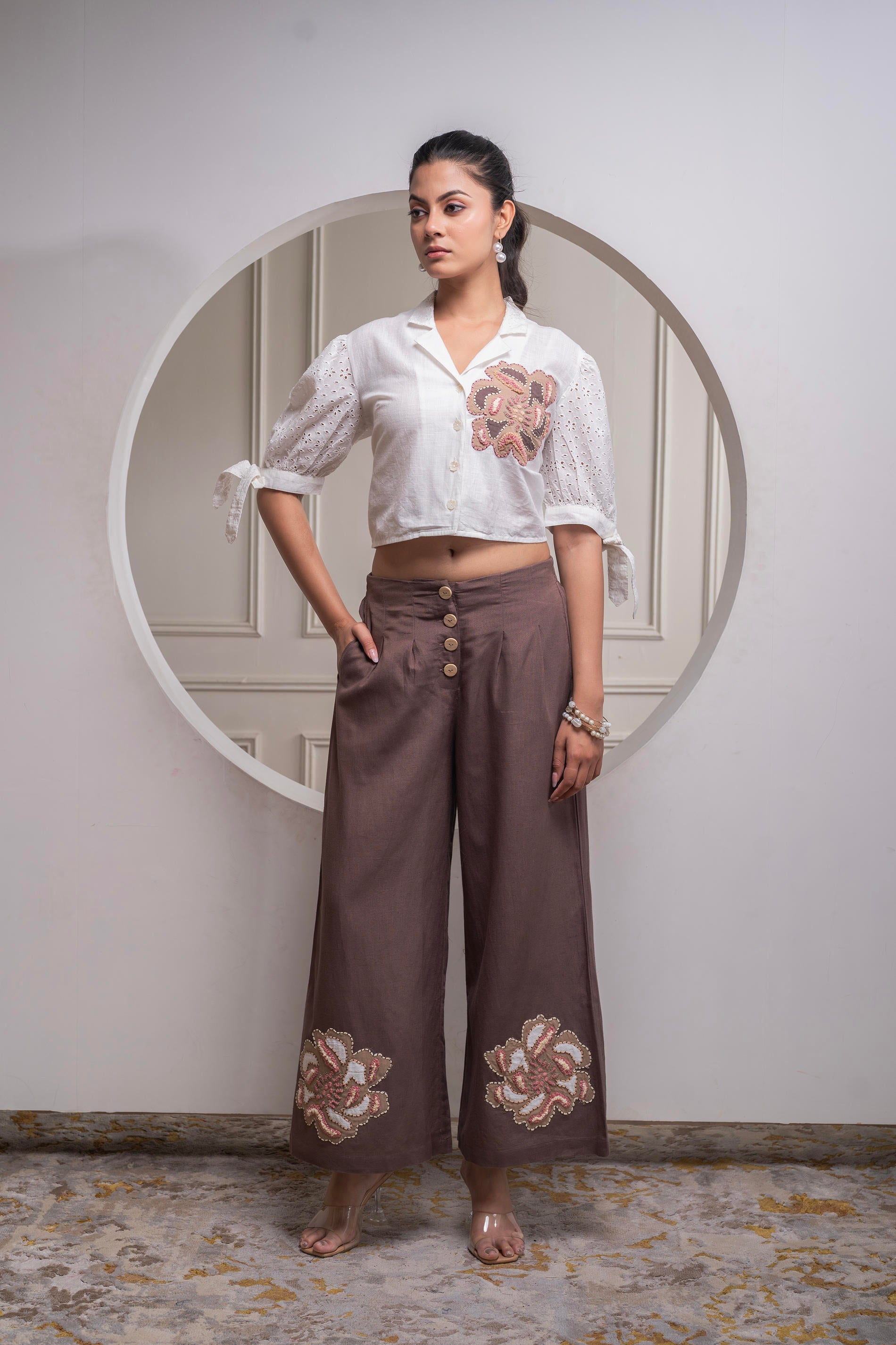 White & Brown Cotton-Viscose Embroidered Co-ord Set with Thread Work & Lace