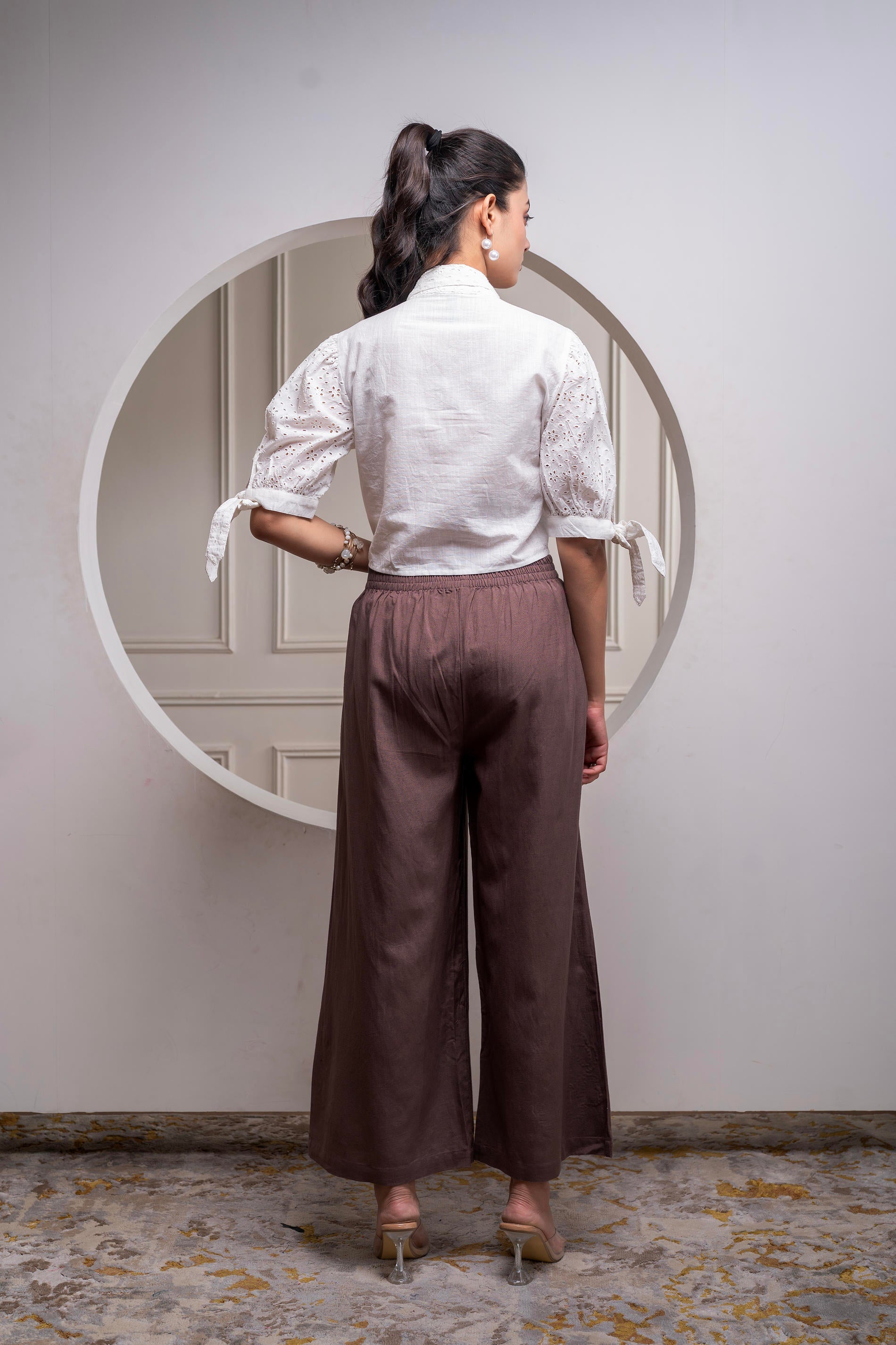 White & Brown Cotton-Viscose Embroidered Co-ord Set with Thread Work & Lace