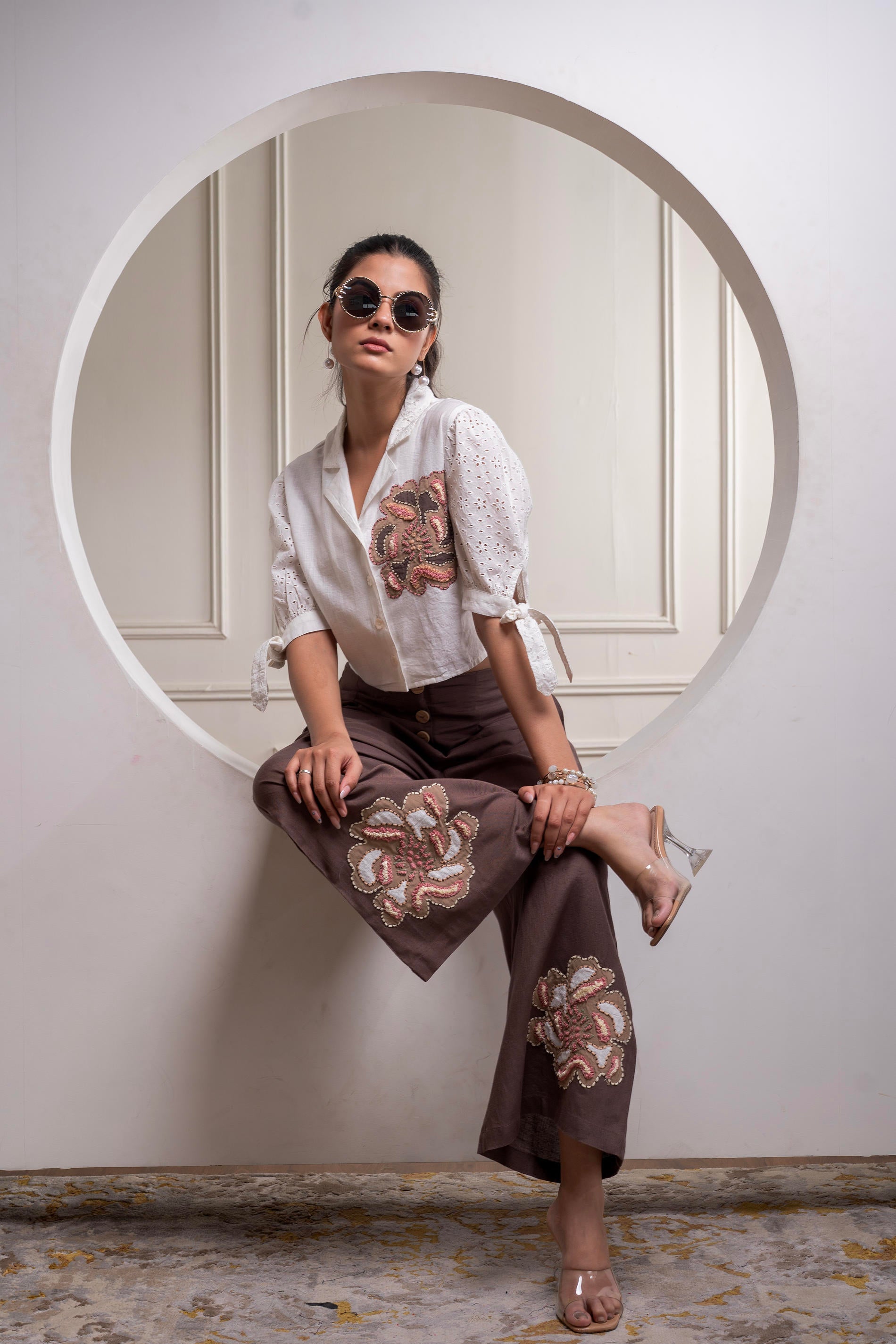 White & Brown Cotton-Viscose Embroidered Co-ord Set with Thread Work & Lace