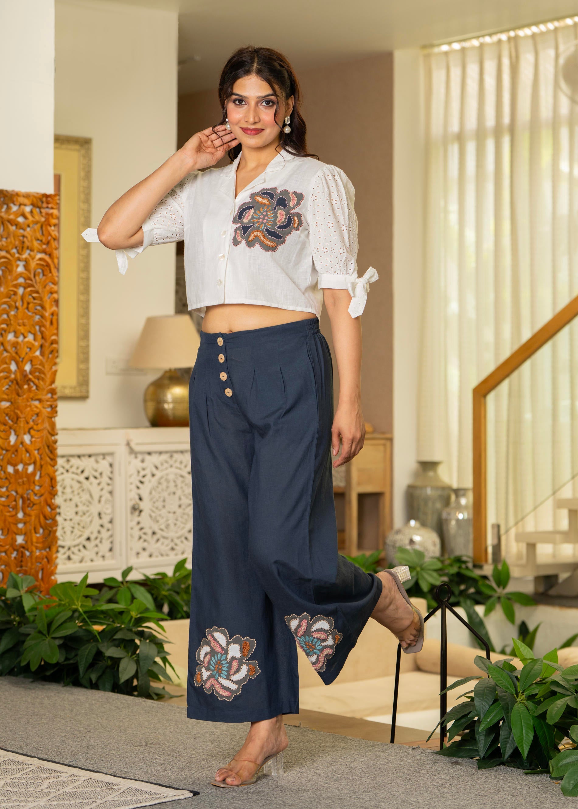 White & Teal Cotton-Viscose Embroidered Co-ord Set with Thread Work & Lace