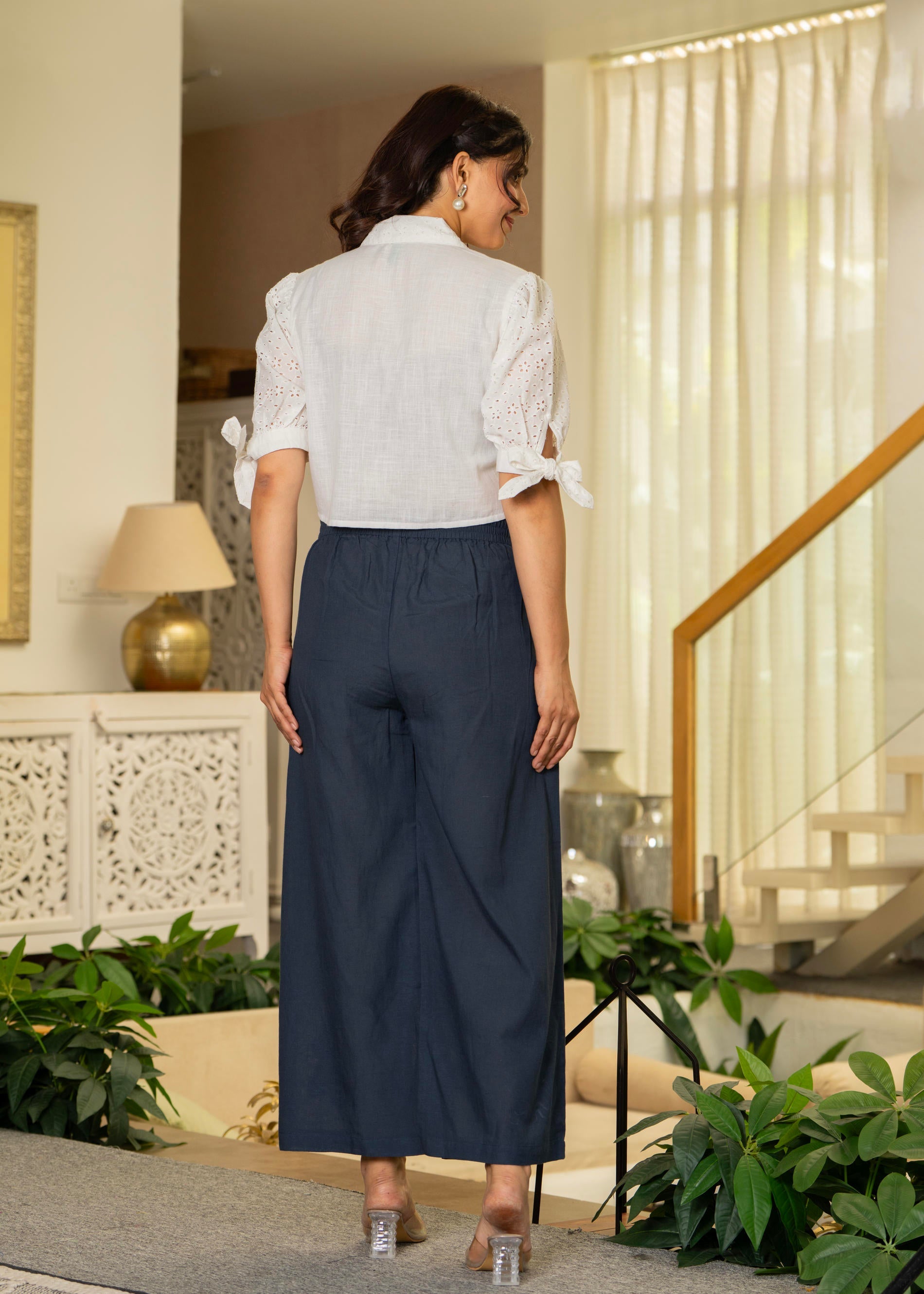 White & Teal Cotton-Viscose Embroidered Co-ord Set with Thread Work & Lace