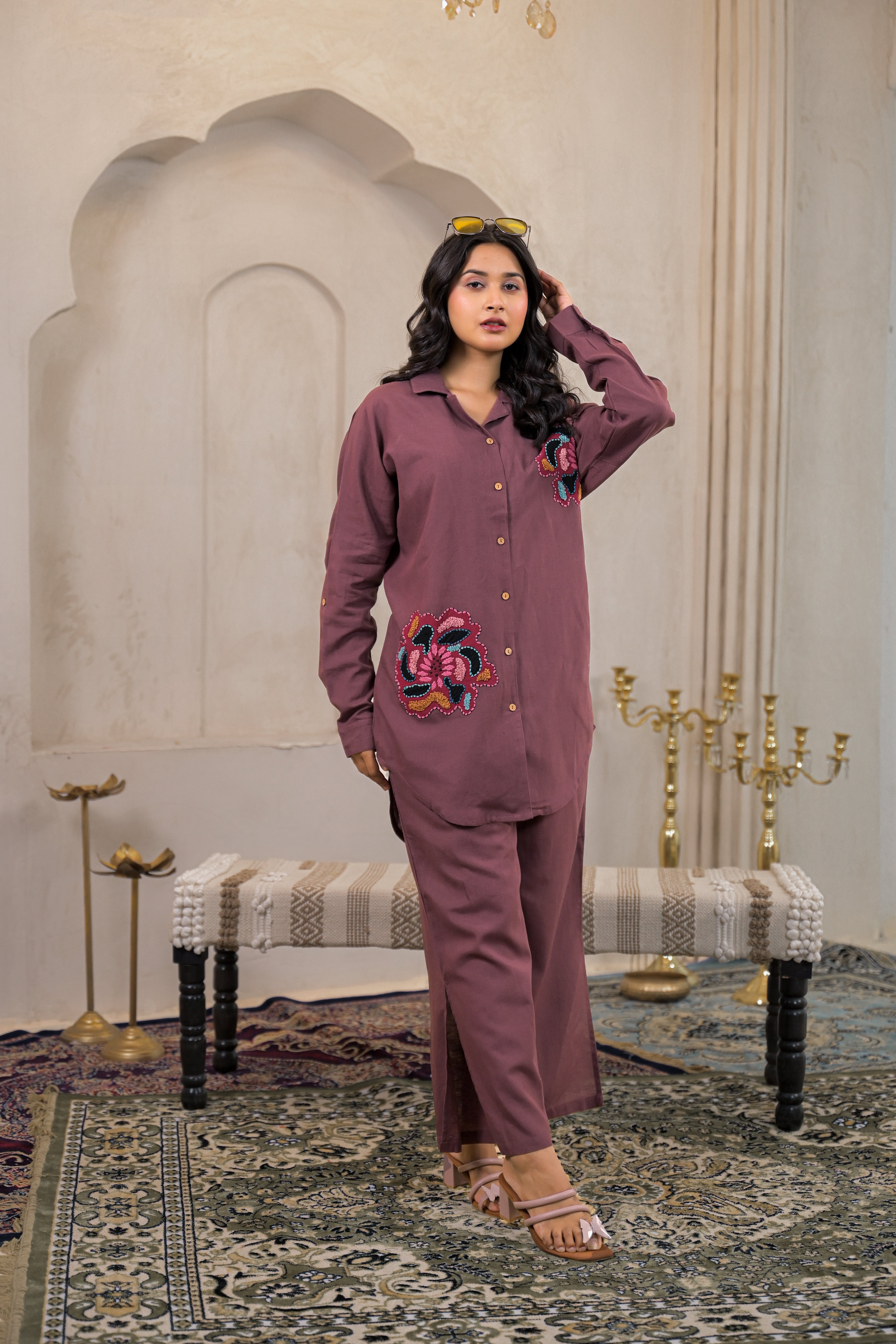 Viscose Linen Mauve Embroidered Top and Pant Co-Ord Set with Thread Work