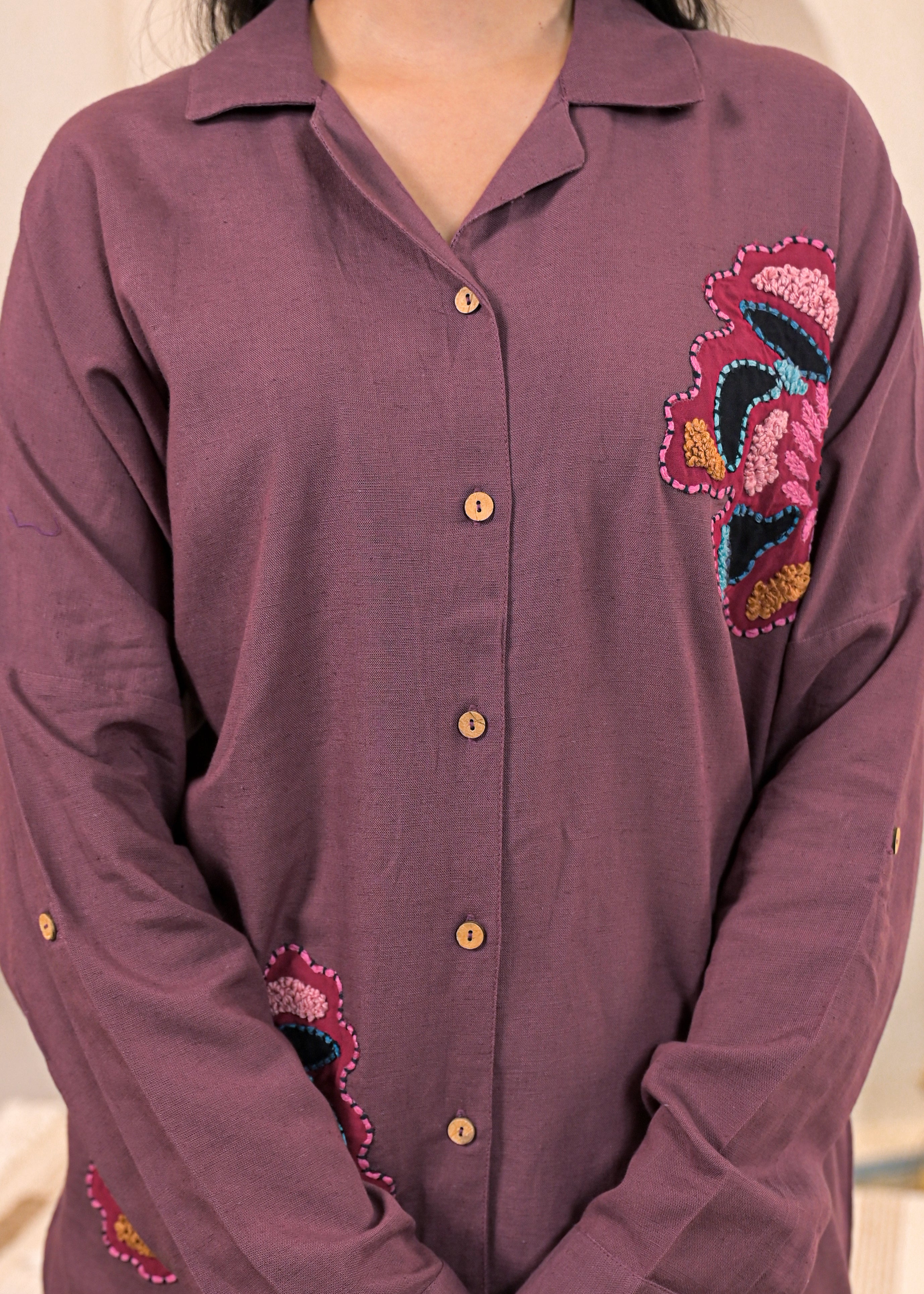 Viscose Linen Mauve Embroidered Top and Pant Co-Ord Set with Thread Work