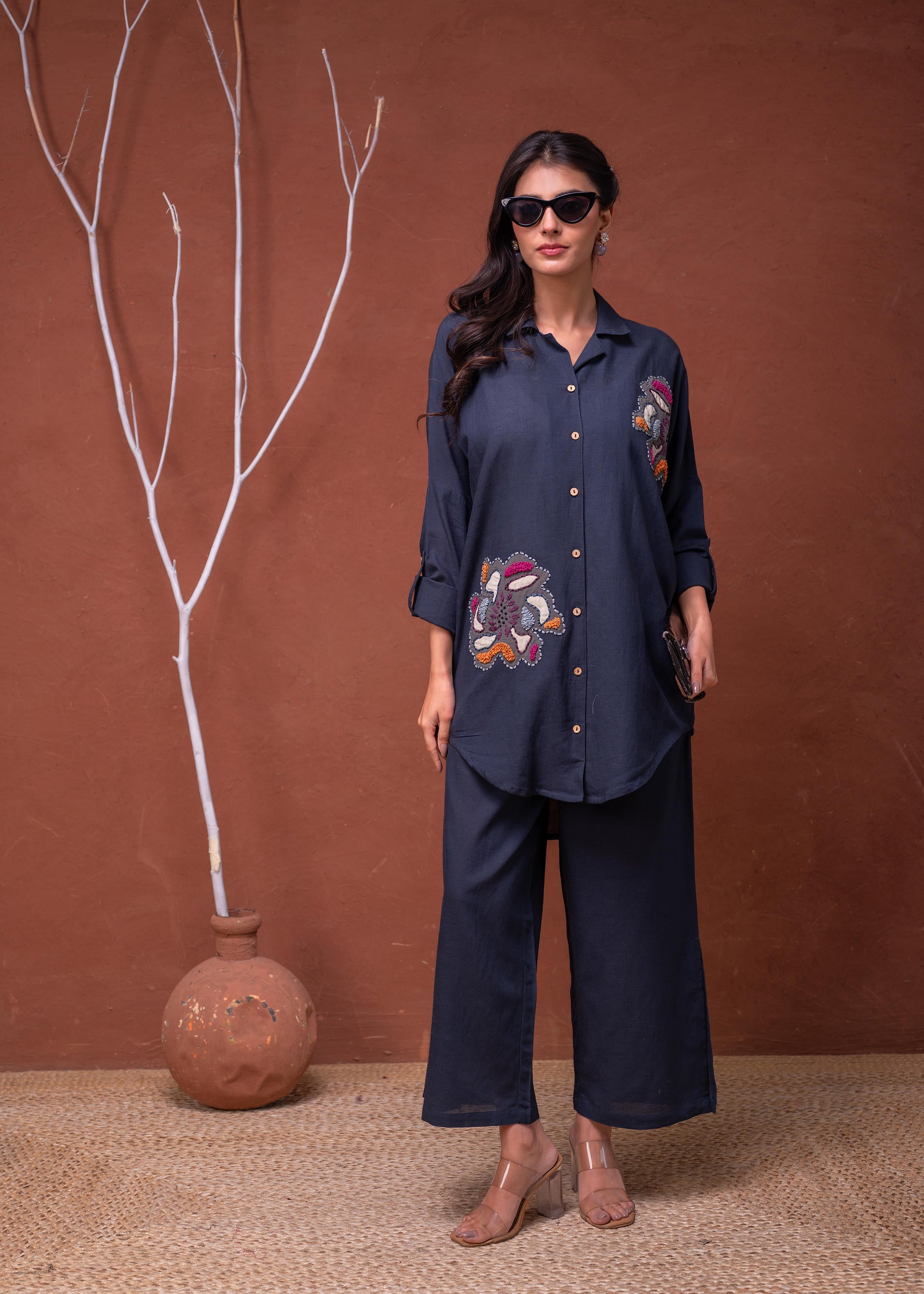 Viscose Linen Teal Embroidered Top and Pant Co-Ord Set with Thread Work