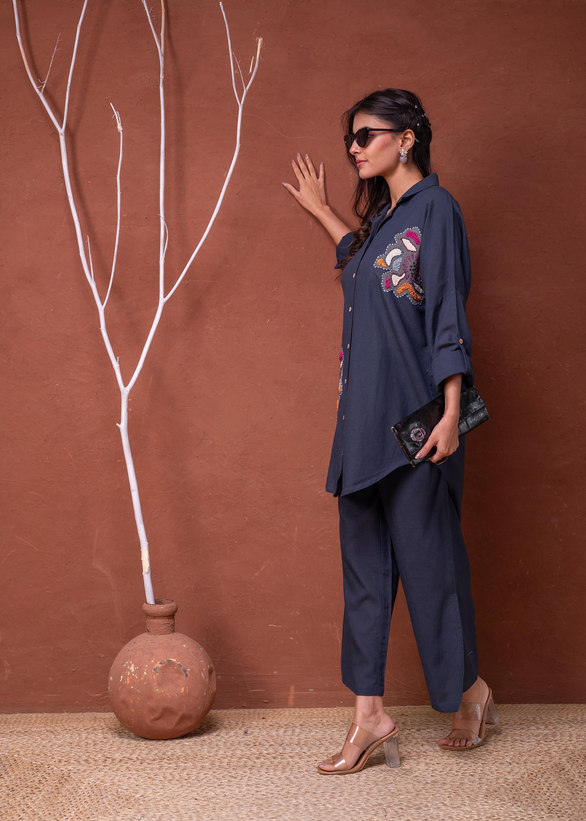 Viscose Linen Teal Embroidered Top and Pant Co-Ord Set with Thared Work