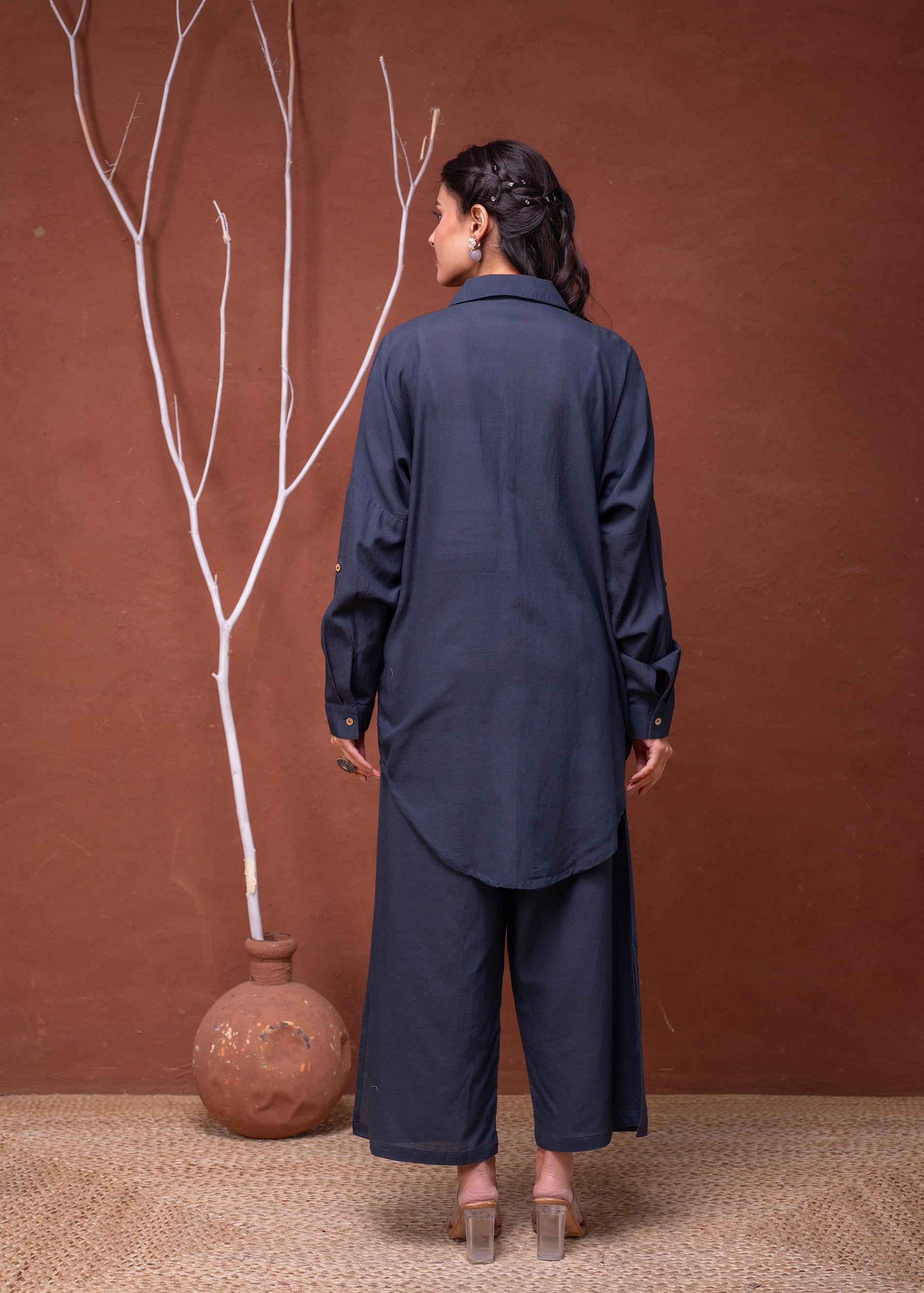 Viscose Linen Teal Embroidered Top and Pant Co-Ord Set with Thread Work