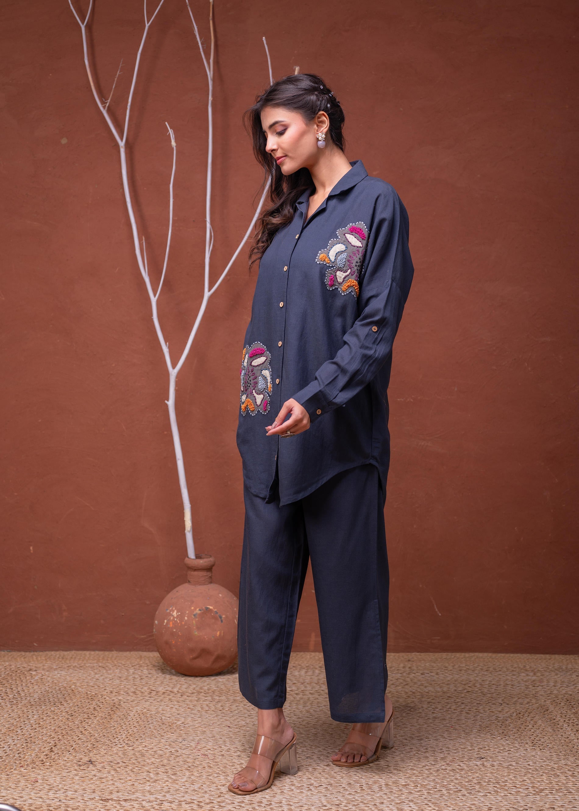 Viscose Linen Teal Embroidered Top and Pant Co-Ord Set with Thread Work