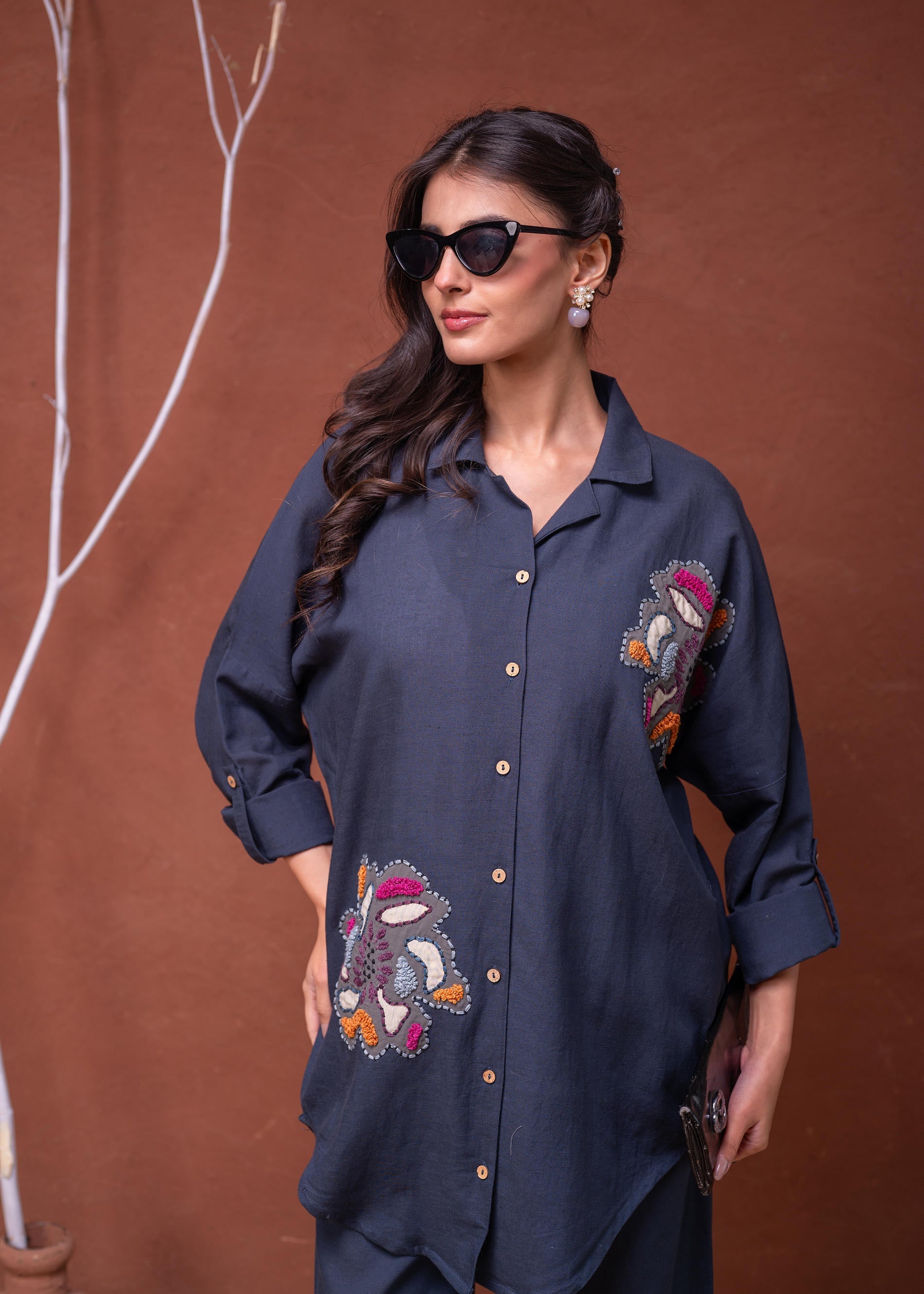 Viscose Linen Teal Embroidered Top and Pant Co-Ord Set with Thared Work