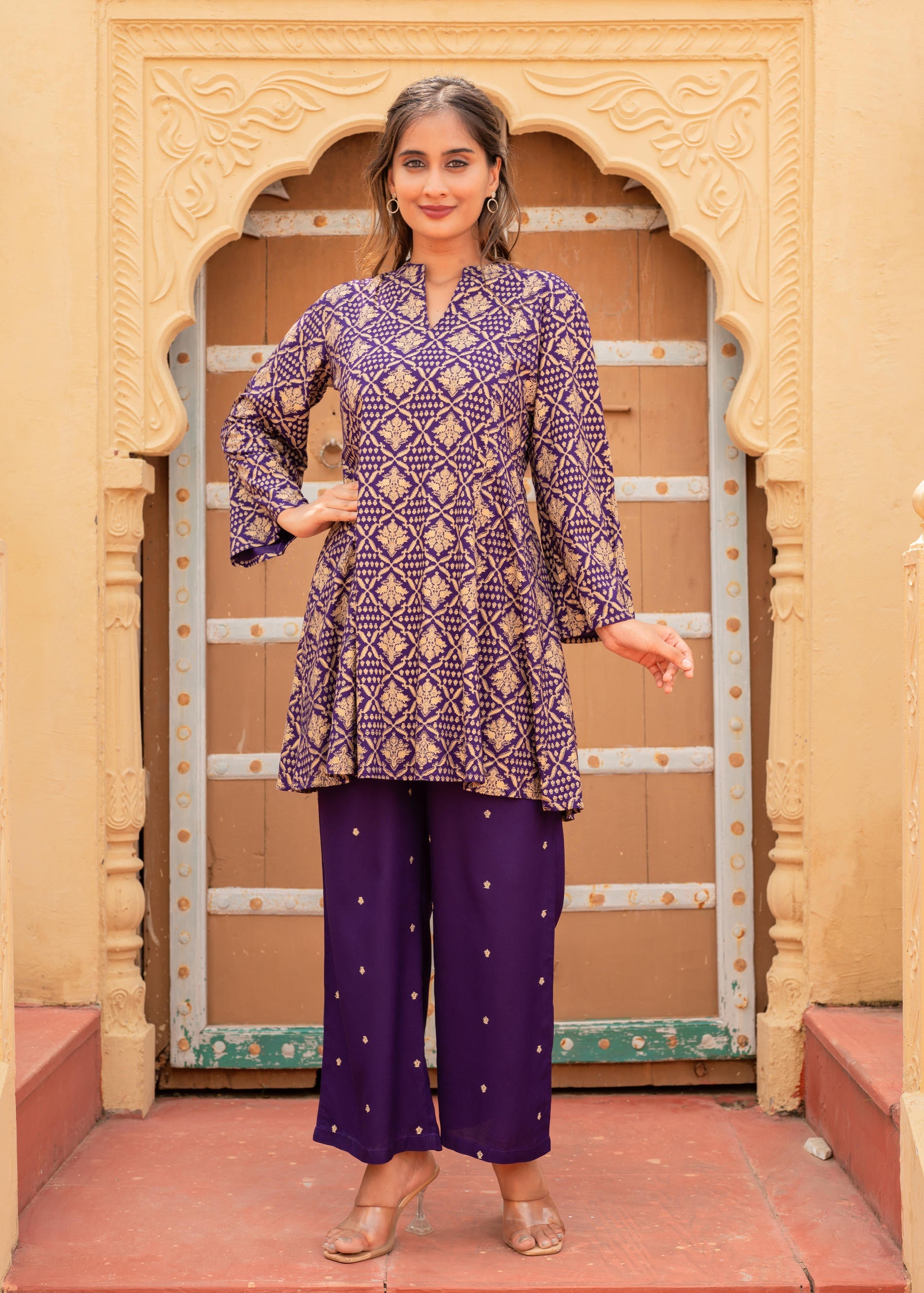 Purple Gold Geometric printed Kurta With Pants