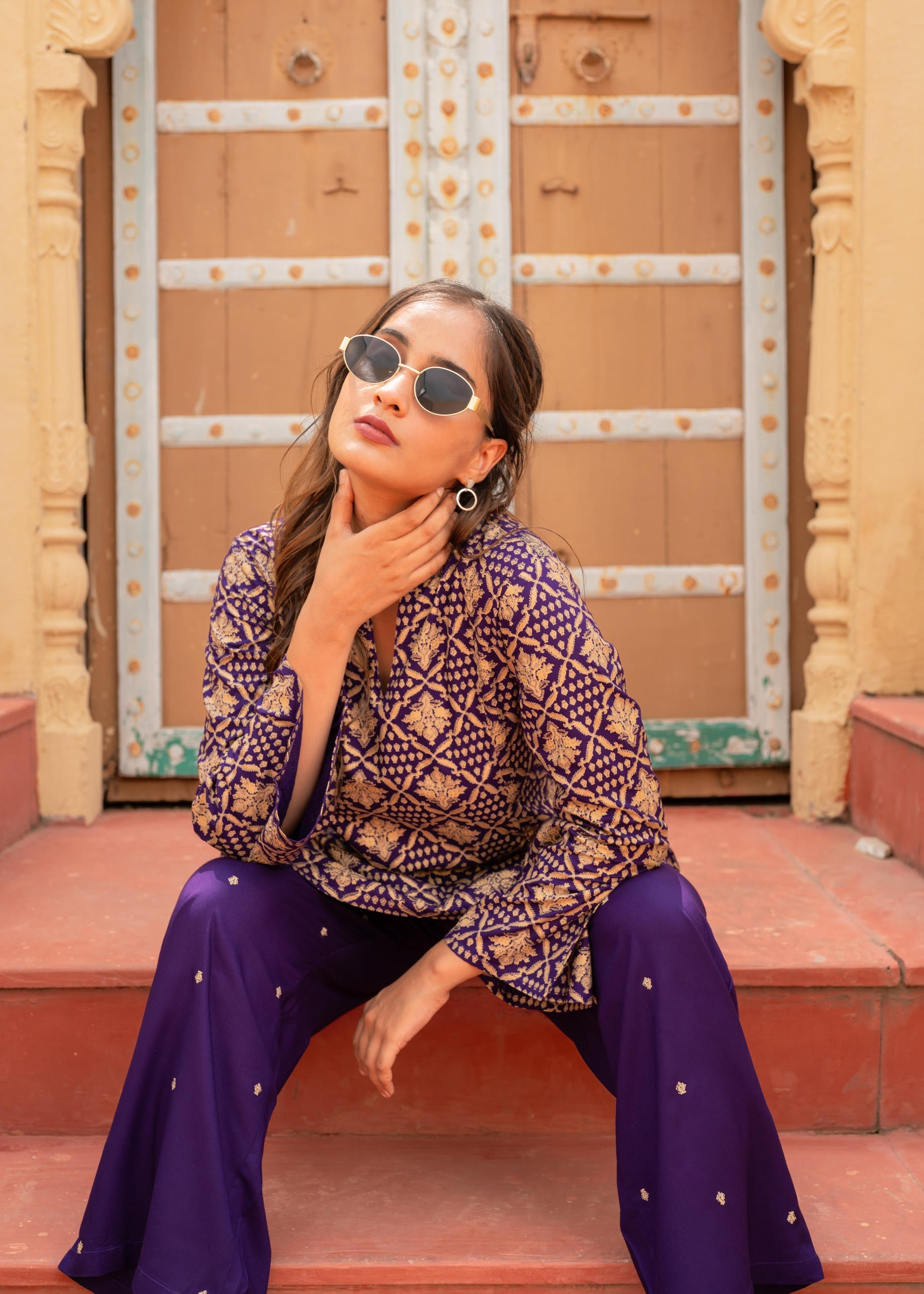 Purple Gold Geometric printed Kurta With Pants